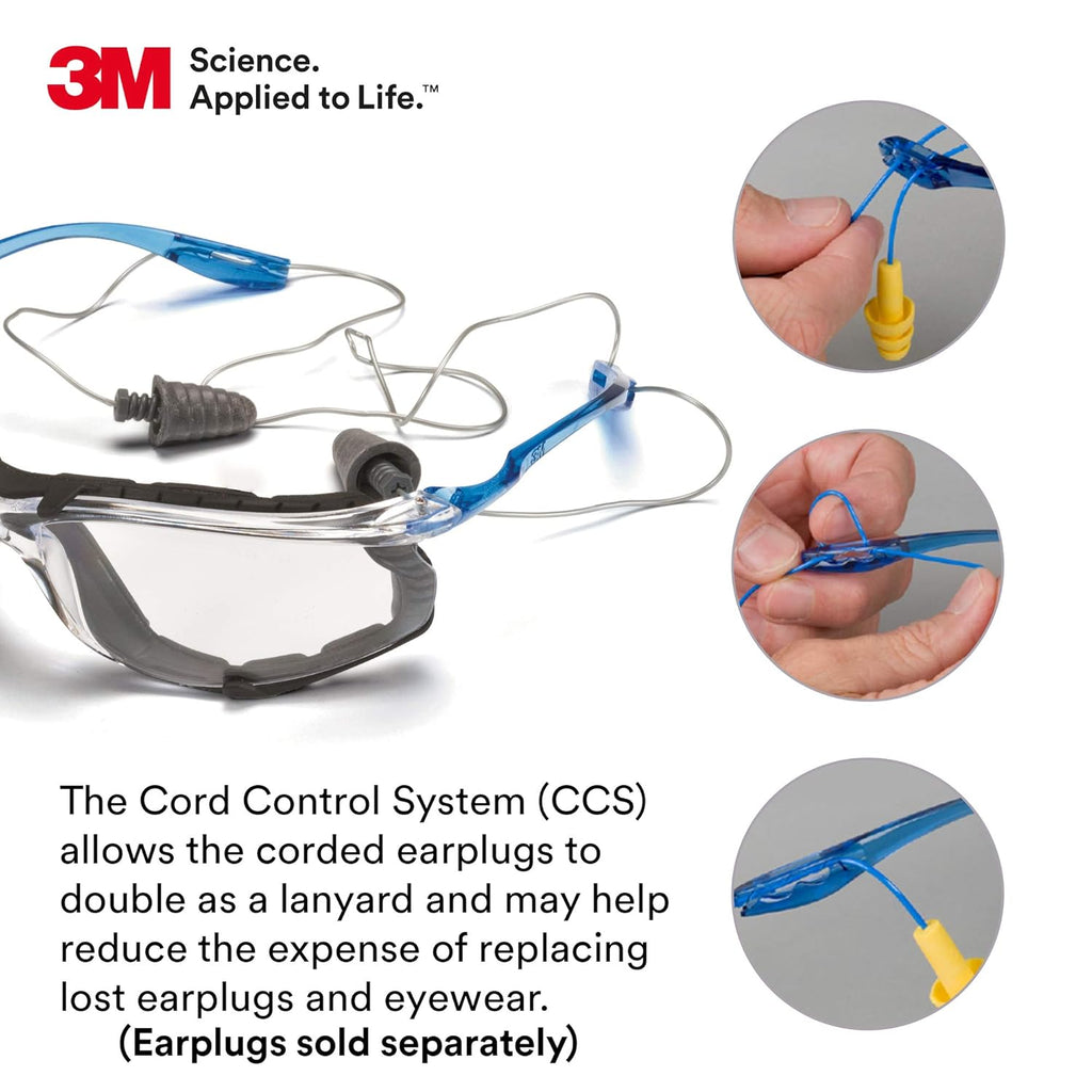 Buy now 3M Safety Glasses, Virtua CCS, ANSI Z87, Anti-Fog, Clear Lens, Blue Frame, Corded Ear Plug Control System, Removable Foam Gasket at indiglob india