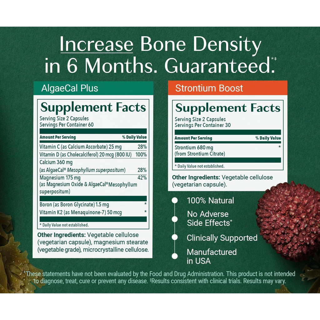 ALGAECAL Bone Builder Pack, Calcium + Strontium for Bone Density, 1 Month | Plant calcium (720mg) plus strontium, D3 (1600IU), K2 (100mg), magnesium (350mg) & 16 nutrients for bone density support.