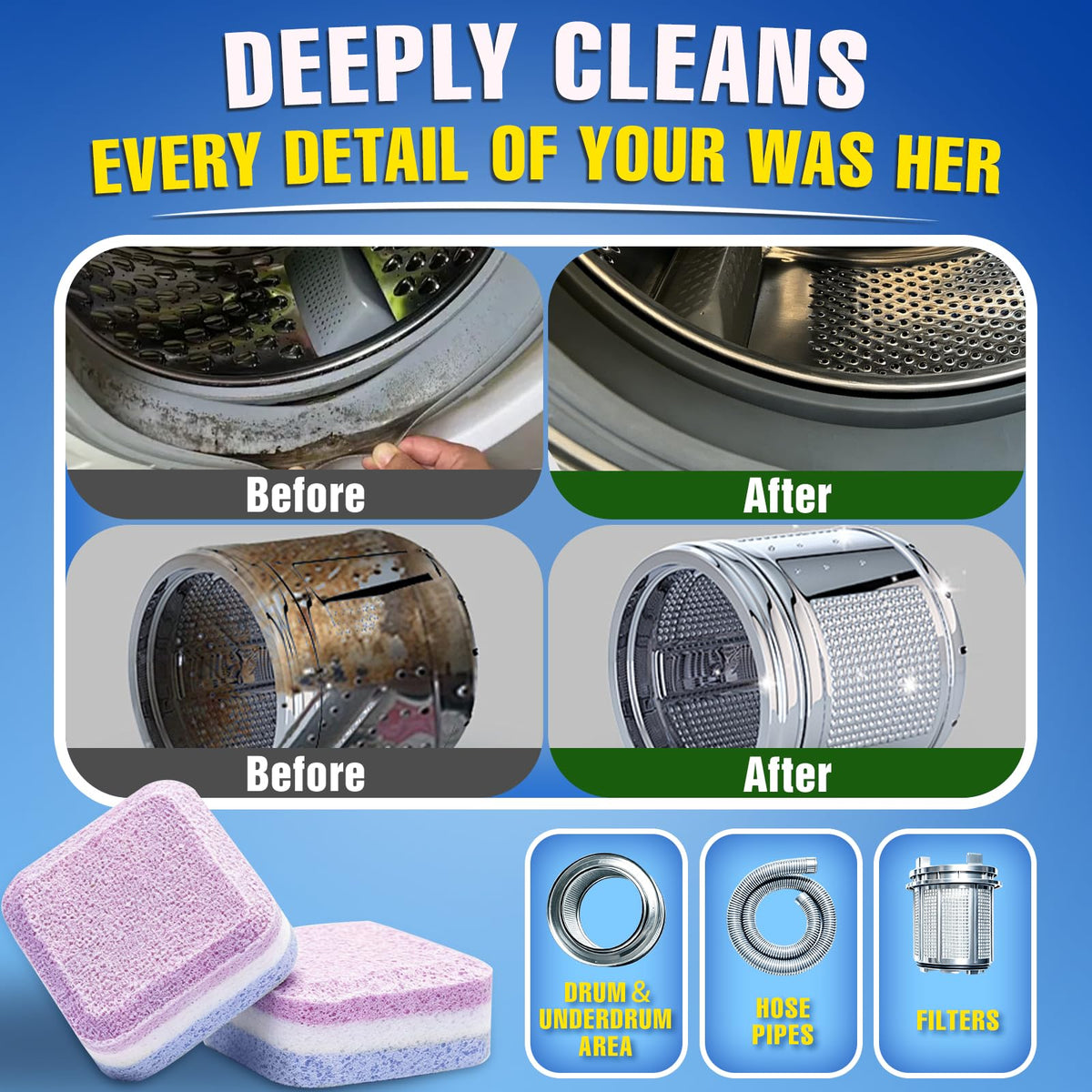 Washing Machine Cleaner Tablets 24-Pack, 3-Layer Formula Deep Cleaning, Pet Hair & Odor Removal, Residue & Build-Up Cleaner for HE, Front Load & Top Load Washers