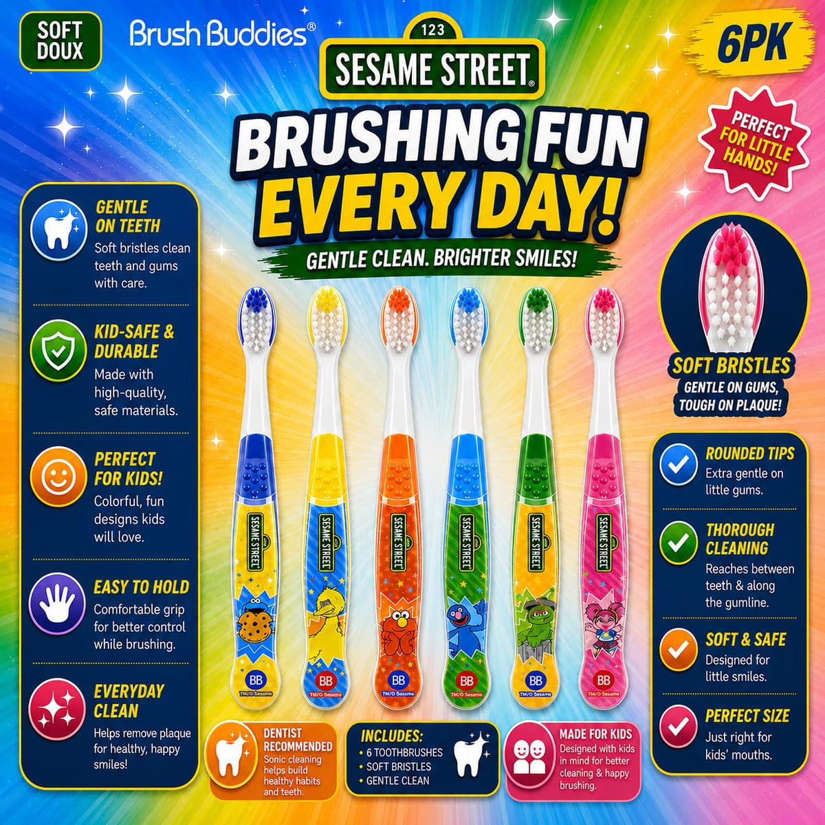 Brush Buddies Sesame Street Toothbrushes for Kids, Soft Bristle Toddler Toothbrushes Ages 2-4, Fun Sesame Street Designs, 6-Count Set