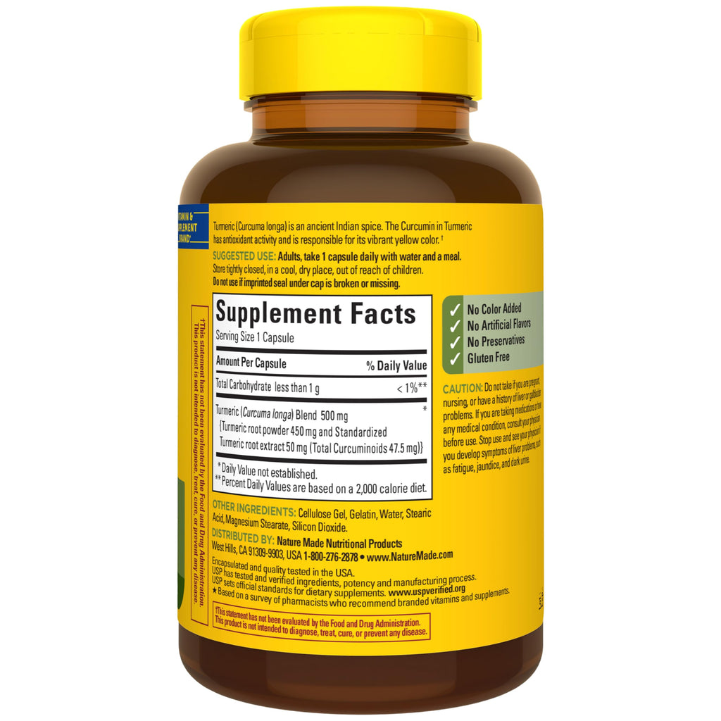 Nature Made Turmeric Curcumin 500 mg, Herbal Supplements, 120 Capsules | Turmeric Curcumin Supplement for Antioxidant Support, Gluten Free, 120 Day Supply