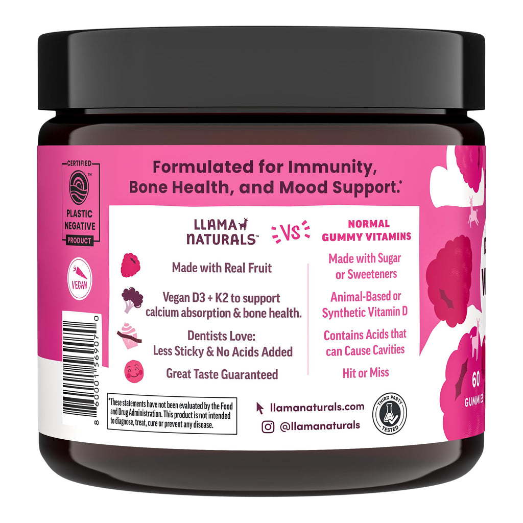 Llama Naturals Vitamin D3 K2 Gummies for Adults and Kids, Vegan, Organic, Vitamin D Gummies, Real Fruit Gummy Vitamins, No Added Sugar Cane, Raspberry, 120 Ct