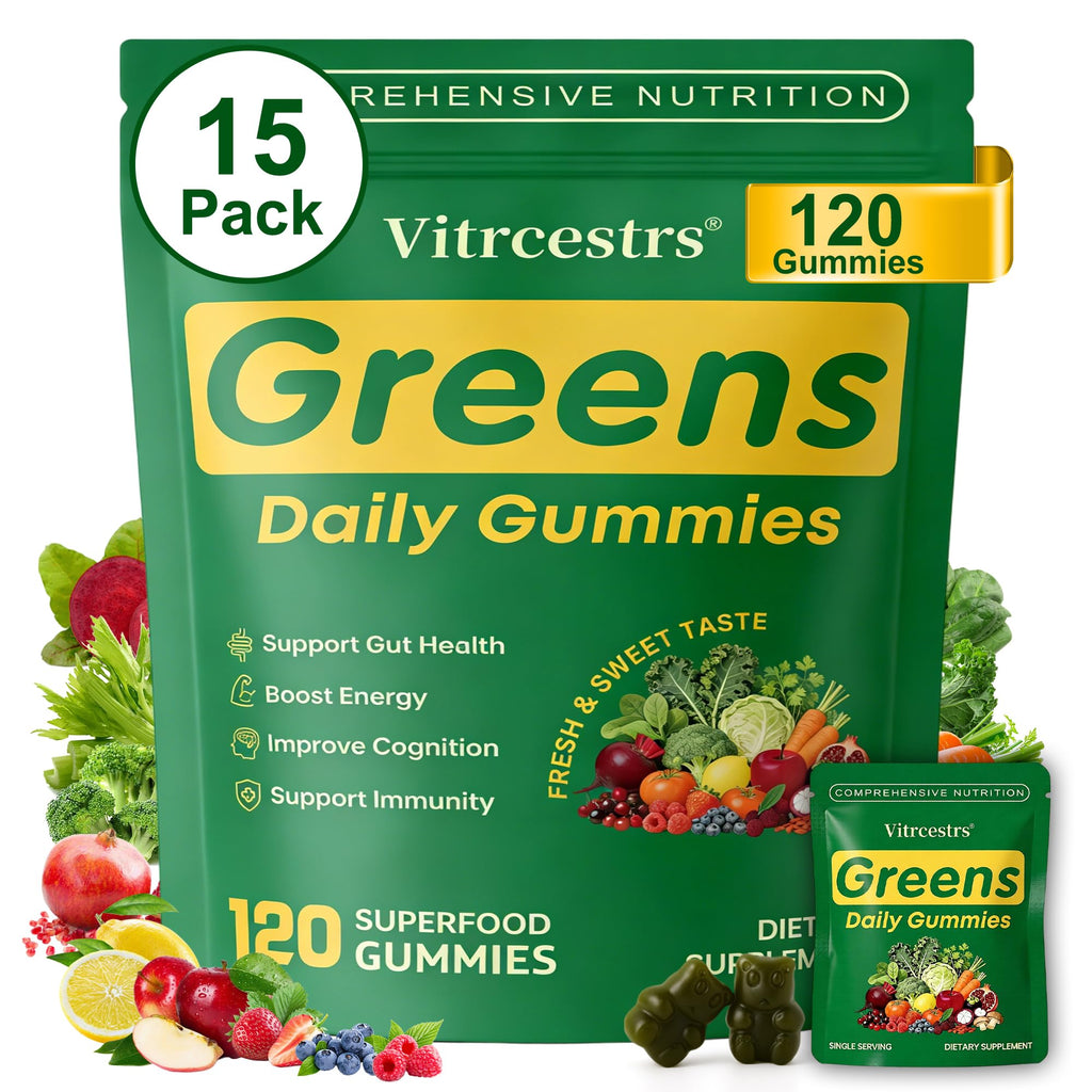 Greens Daily Gummies, Super Greens Gummies for Adults Superfood Multivitamin Gummy with Spirulina, Chlorella, Prebiotic Fiber, Fruit Veggie for Digestive & Gut Health, Adaptogens Supplement, 120 Count