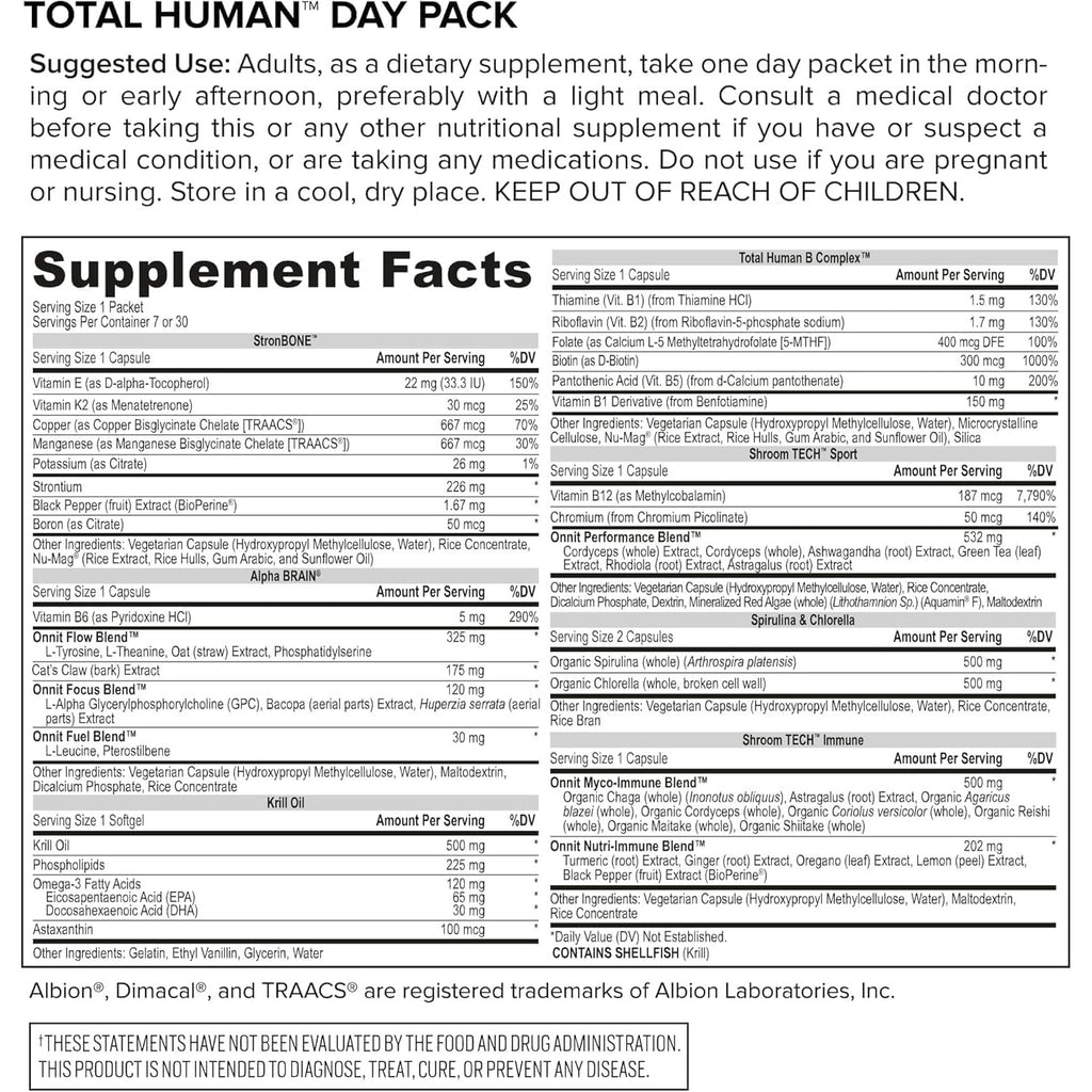 ONNIT Total Human Daily Multivitamin Packs for Men & Women, 30-Day Supply | Comprehensive day & night capsule packs; vitamins, minerals & herbs for daily wellness; 60 packs, 30-day supply, men & women