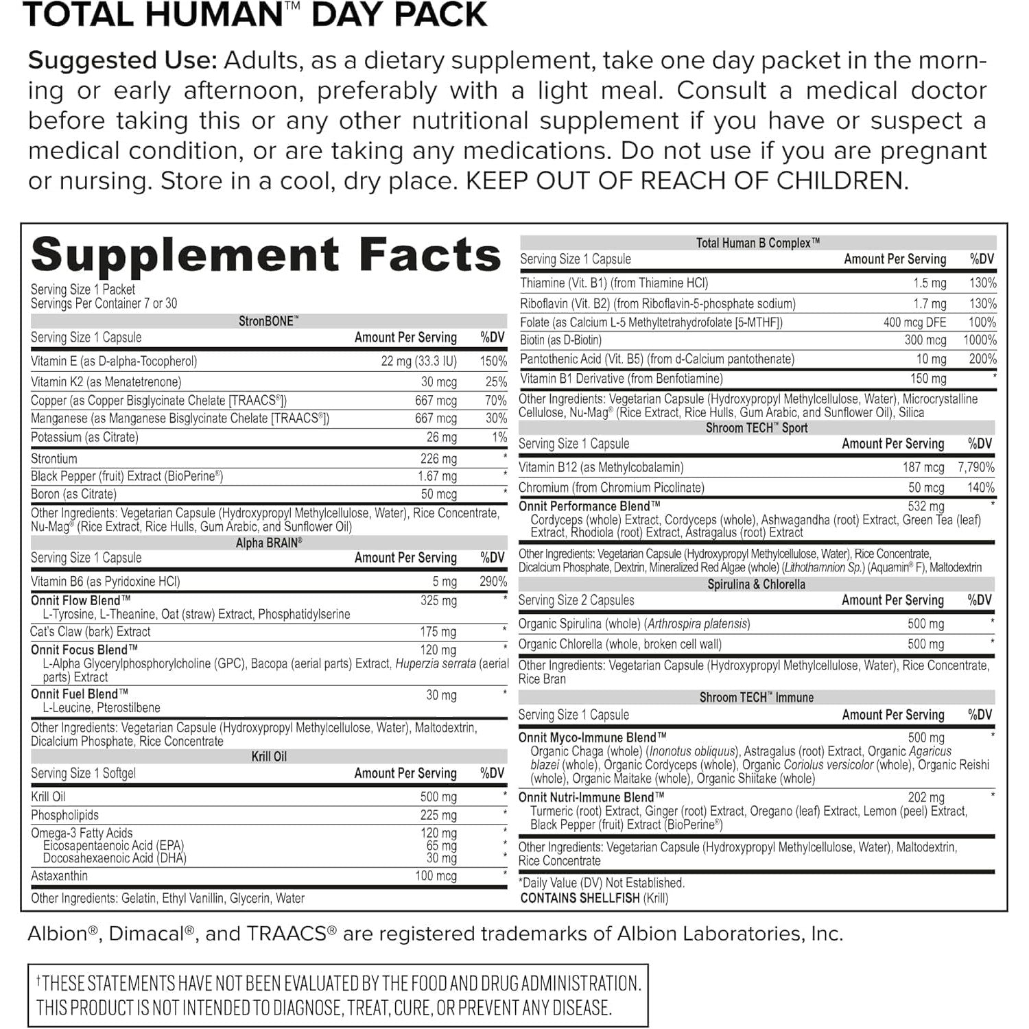 ONNIT Total Human Daily Multivitamin Packs for Men & Women, 30-Day Supply | Comprehensive day & night capsule packs; vitamins, minerals & herbs for daily wellness; 60 packs, 30-day supply, men & women