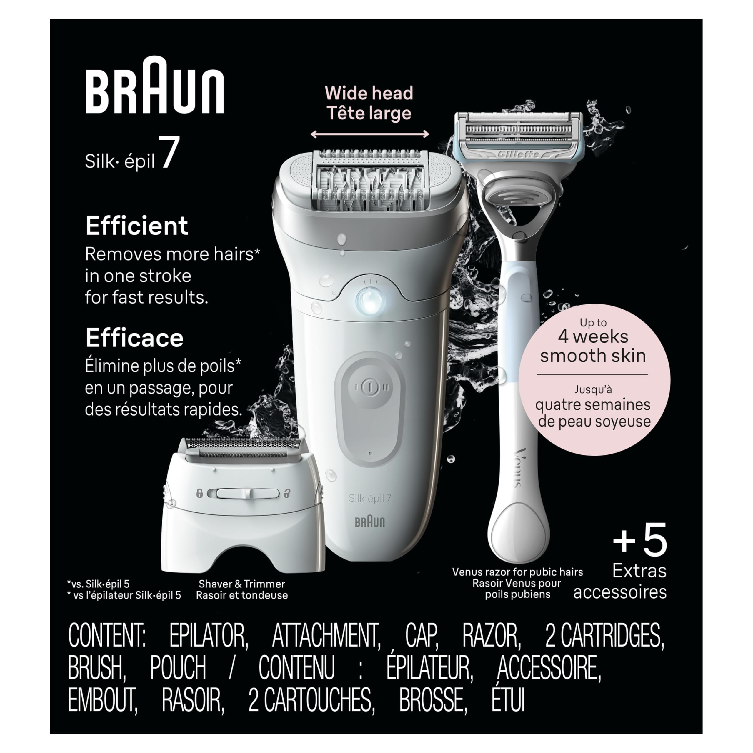 Braun Epilator Silk-épil 7, Hair Removal Device, Women Shaver & Trimmer, Wet and Dry, Wide Head, Includes Shaver Head and Trimmer Comb, SE7-041, Silver