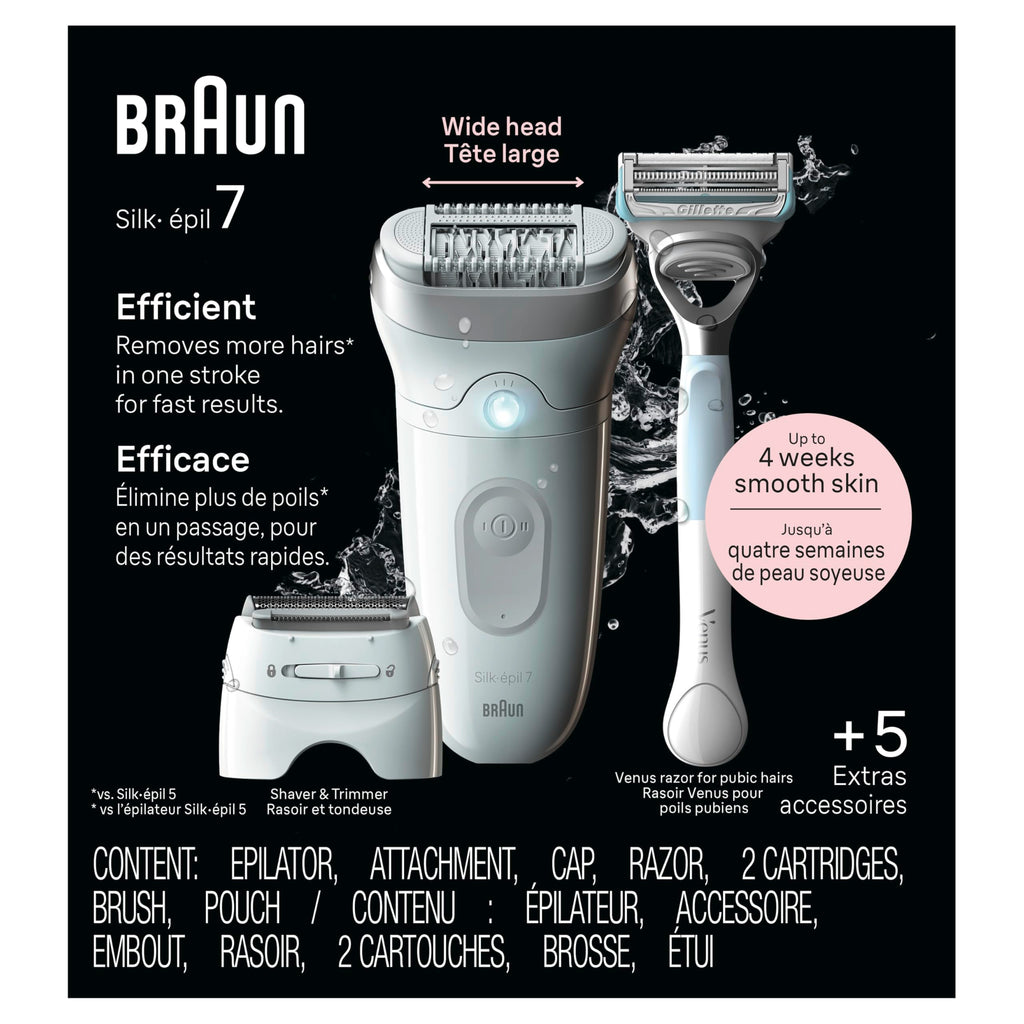 Braun Epilator Silk-épil 7, Hair Removal Device, Women Shaver & Trimmer, Wet and Dry, Wide Head, Includes Shaver Head and Trimmer Comb, SE7-041, Silver