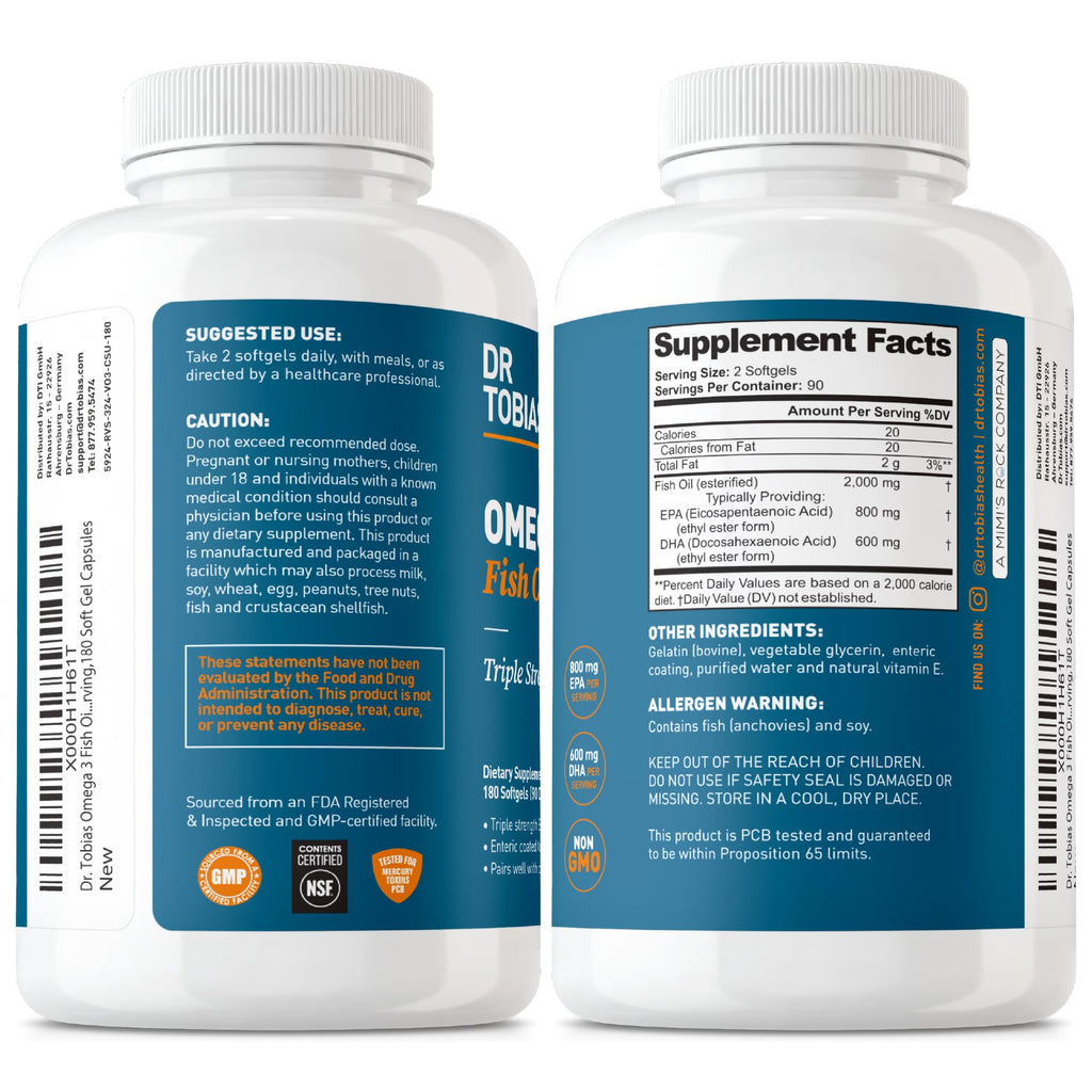 Dr. Tobias Omega 3 Fish Oil 2000mg Triple Strength | 180 Softgels | Heart, Brain & Joint Support | 2,000 mg Fish Oil | 800 mg EPA + 600 mg DHA | Delayed Release Omega 3 Supplement | 90 Servings