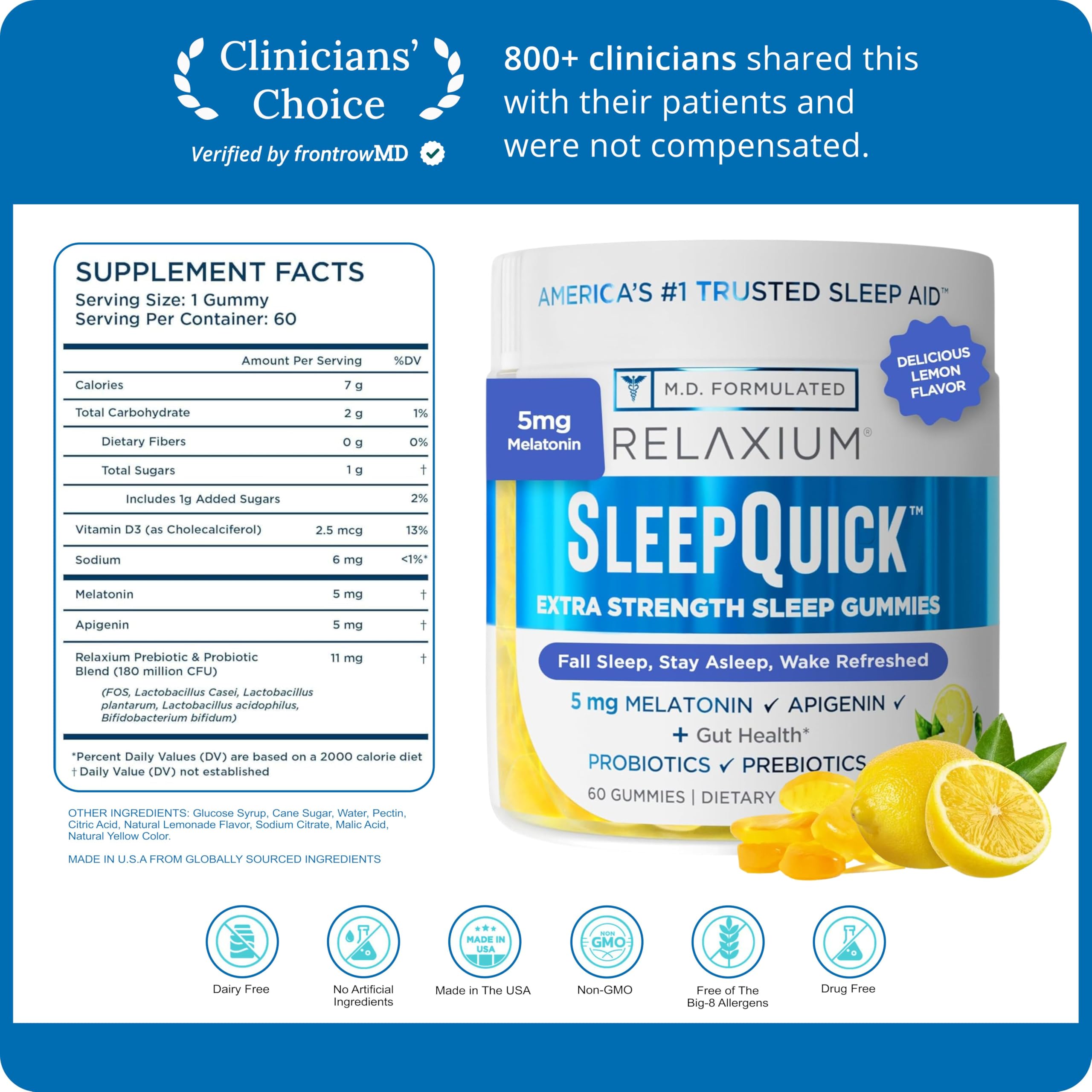 Relaxium SleepQuick Gummies, Sleep Aid, 5 mg Melatonin, D-3, Lemon, 60ct | Gut Health & Immune Support, Prebiotic Probiotic Blend, Gluten & Drug Free