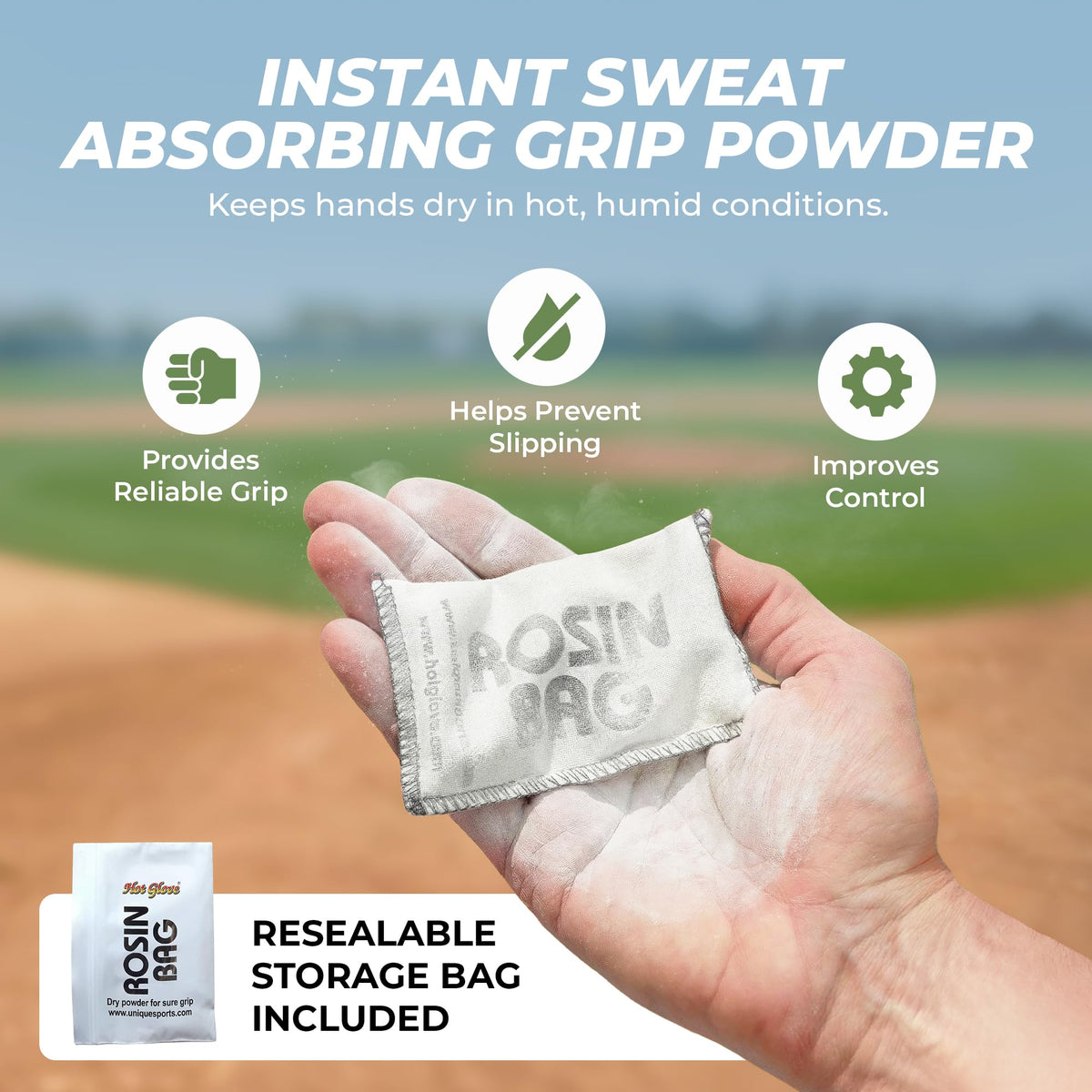 Hot Glove Rosin Bag – Baseball & Softball Grip Powder – Professional Dry Hand Grip for Pitchers & Hitters – Sweat Absorbing Rosin for Bat Grip & All Sports – Made in USA