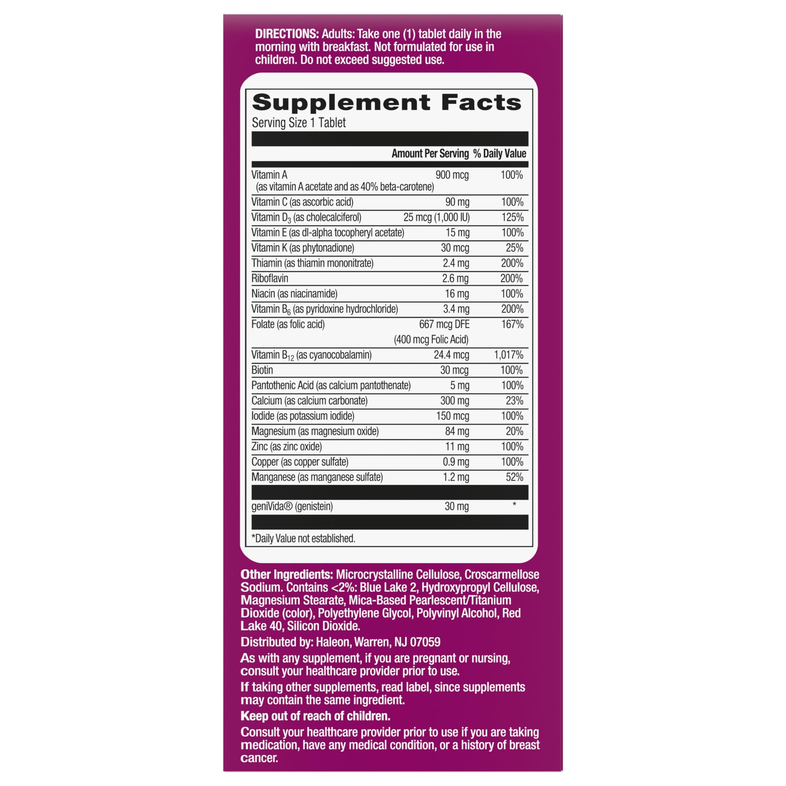 Centrum Complete Multivitamin Supplement, 30 Count | Hot Flash Support Menopause Support Tablets, with Clinically Studied geniVida, Gluten Free, Non-GMO Ingredients