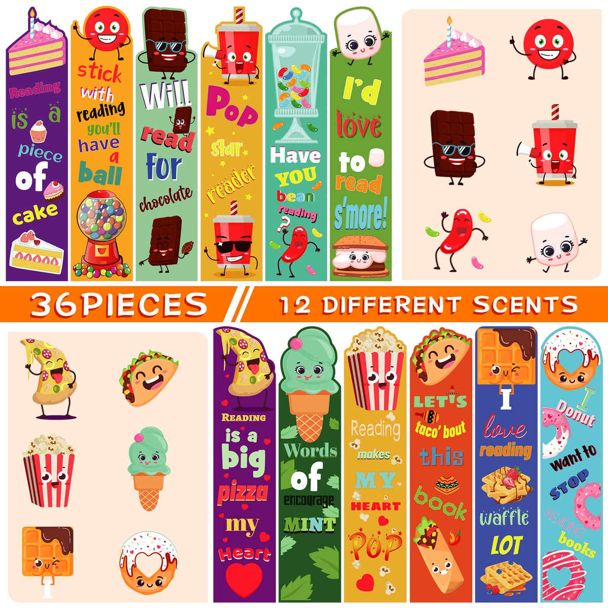36 Pcs Scented Scratch and Sniff Bookmarks for Kids, 12 Styles