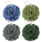 Rnoafmu Shower Loofah Bath Sponge 4 Pack, 60G Exfoliating Body Scrubber | Luffa Mesh Shower Pouf Balls for Men and Women, Rich Lather with Body Wash, Bath Accessories (Blue Gray Green Dark Green)