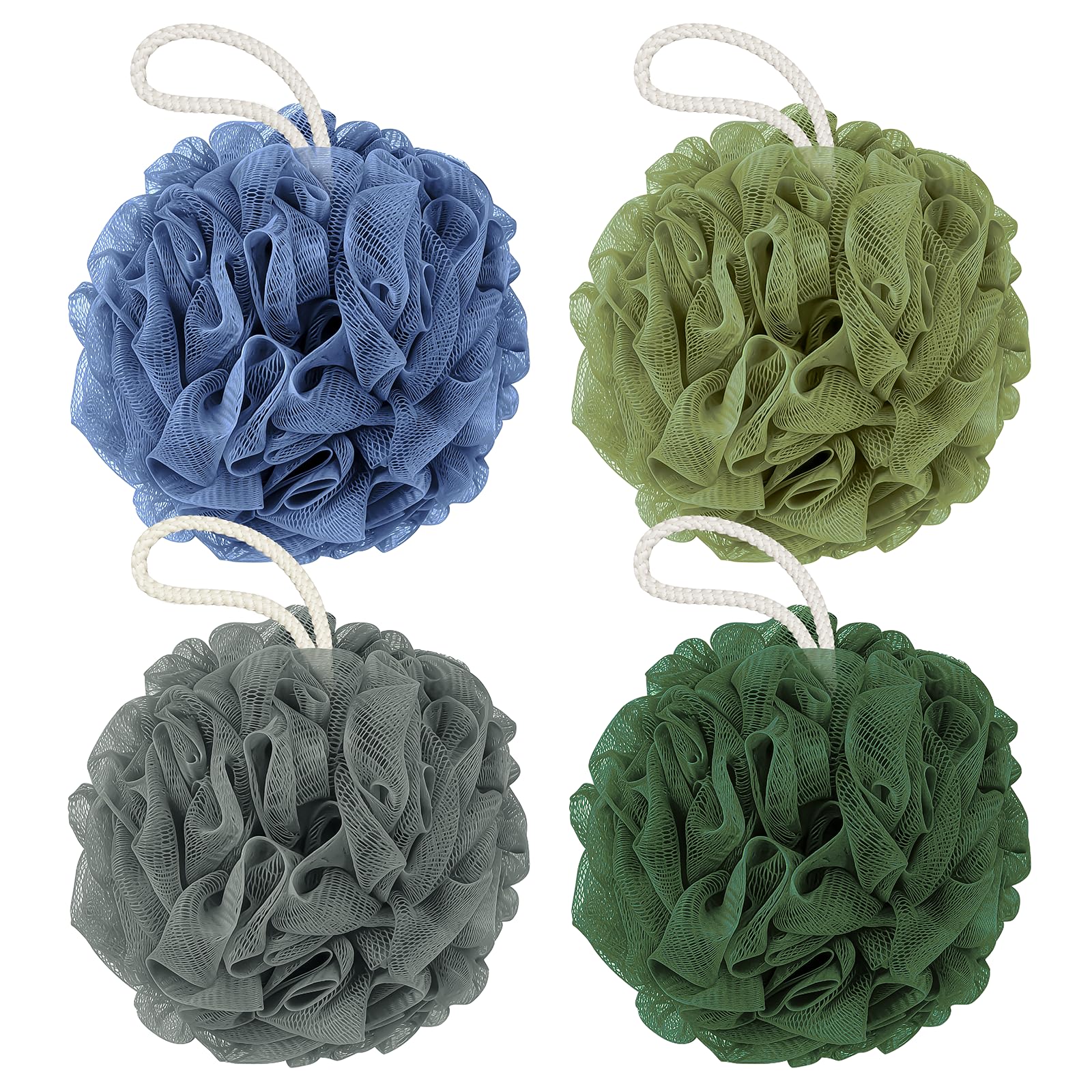 Rnoafmu Shower Loofah Bath Sponge 4 Pack, 60G Exfoliating Body Scrubber | Luffa Mesh Shower Pouf Balls for Men and Women, Rich Lather with Body Wash, Bath Accessories (Blue Gray Green Dark Green)
