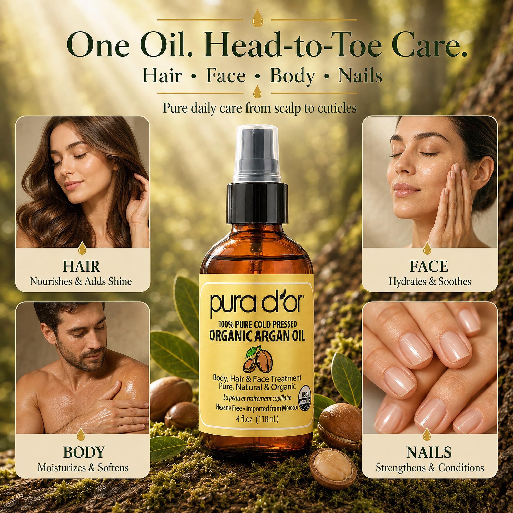 PURA D'OR ORGANIC Moroccan Argan Oil Pure Cold-Pressed Hair & Skin, 4oz