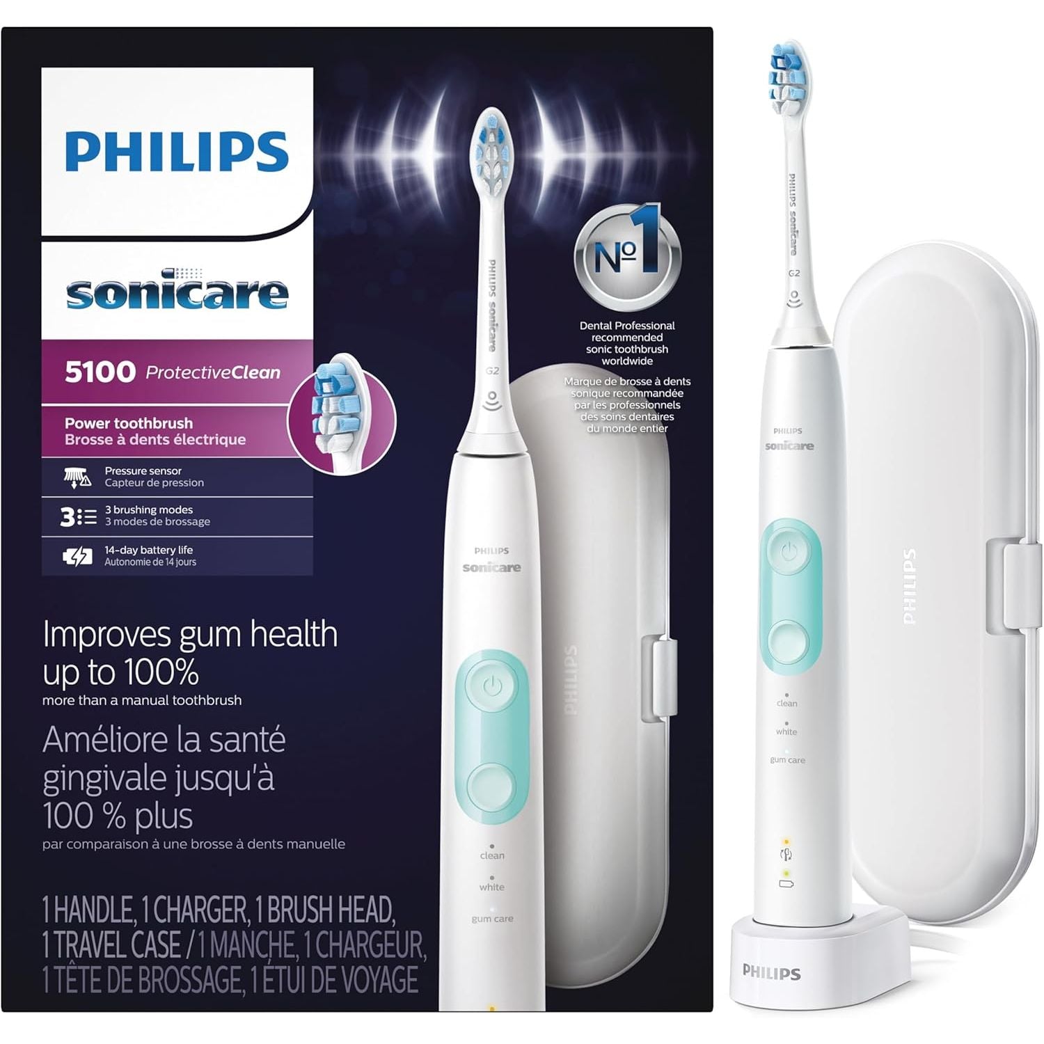 Buy now Philips Sonicare ProtectiveClean 5100 Rechargeable Electric Toothbrush, with Pressure Sensor, 3 Cleaning Modes, SmarTimer and QuadPacer, 14-Day Battery Life, Travel Case, White, Model HX6857/11 1 Count (Pack of 1) White at indiglob india