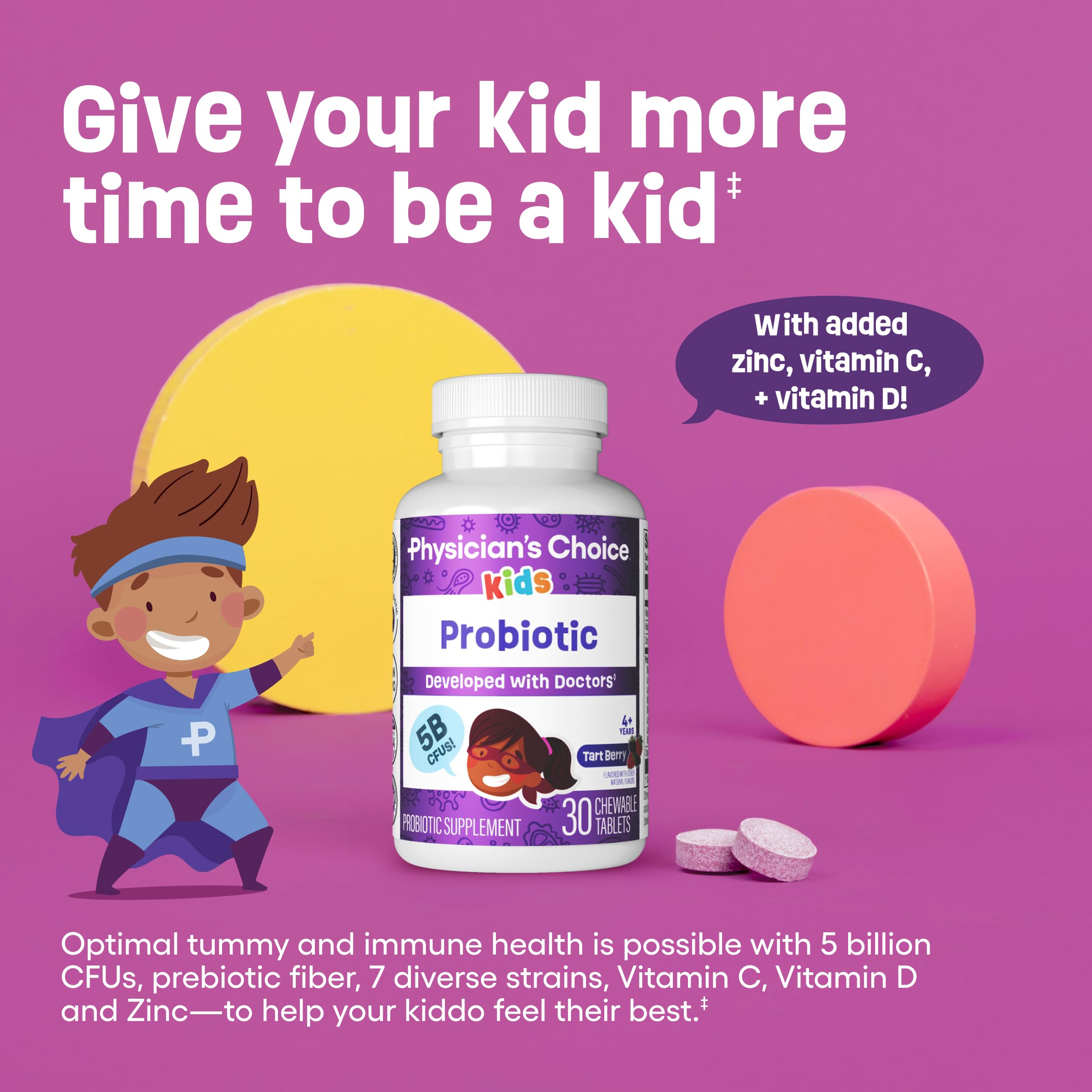 Physician's CHOICE Probiotics for Kids - 7 Diverse Strains, Organic Prebiotics, Vitamins & Minerals - Clinically Studied L. Rhamnosus GG - Immune & Digestive Support - No Sugar or Artificial Dyes
