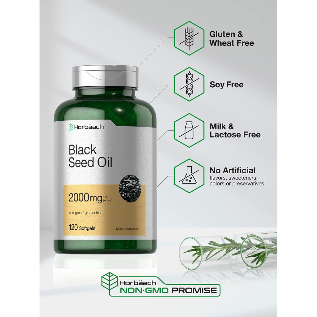 Horbaach Black Seed Oil Cold Pressed Softgel Capsules | 2000mg | 120 Count | Supplement with Omega 6 and 9 | Nigella Sativa | Non-GMO and Gluten Free