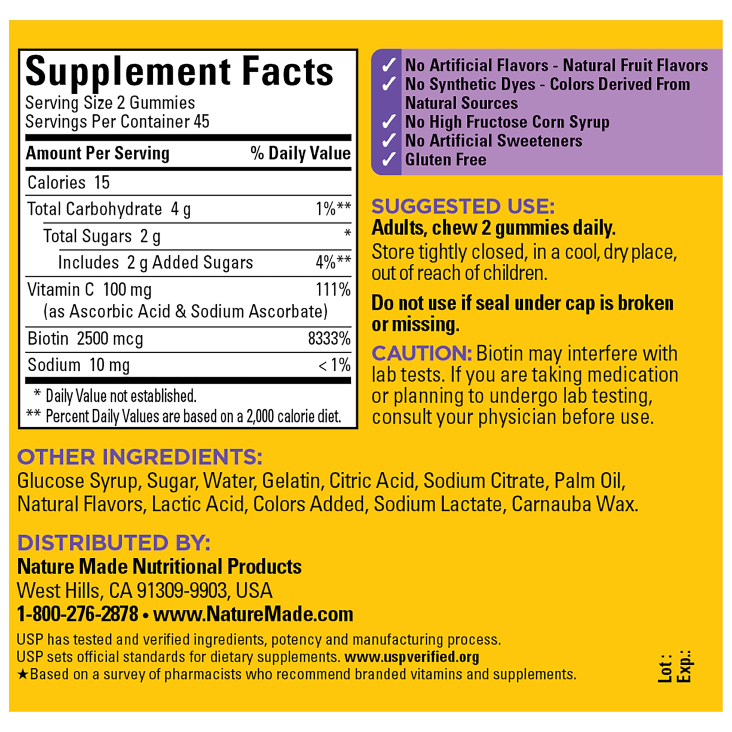 Nature Made Hair Skin and Nails with Biotin 2500 mcg, 90 Gummies | Dietary Supplement for Healthy Hair, Skin & Nails Support, Vitamin C Helps Make Collagen for Healthy Skin, 45 Day Supply