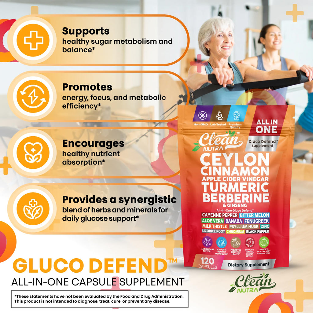 Ceylon Cinnamon Capsules + Apple Cider Vinegar Turmeric Berberine Supplement Ginseng Cayenne Pepper Bitter Melon Aloe Vera Fenugreek Milk Thistle Chromium 120 Pills Gluco Defend by Clean Nutra