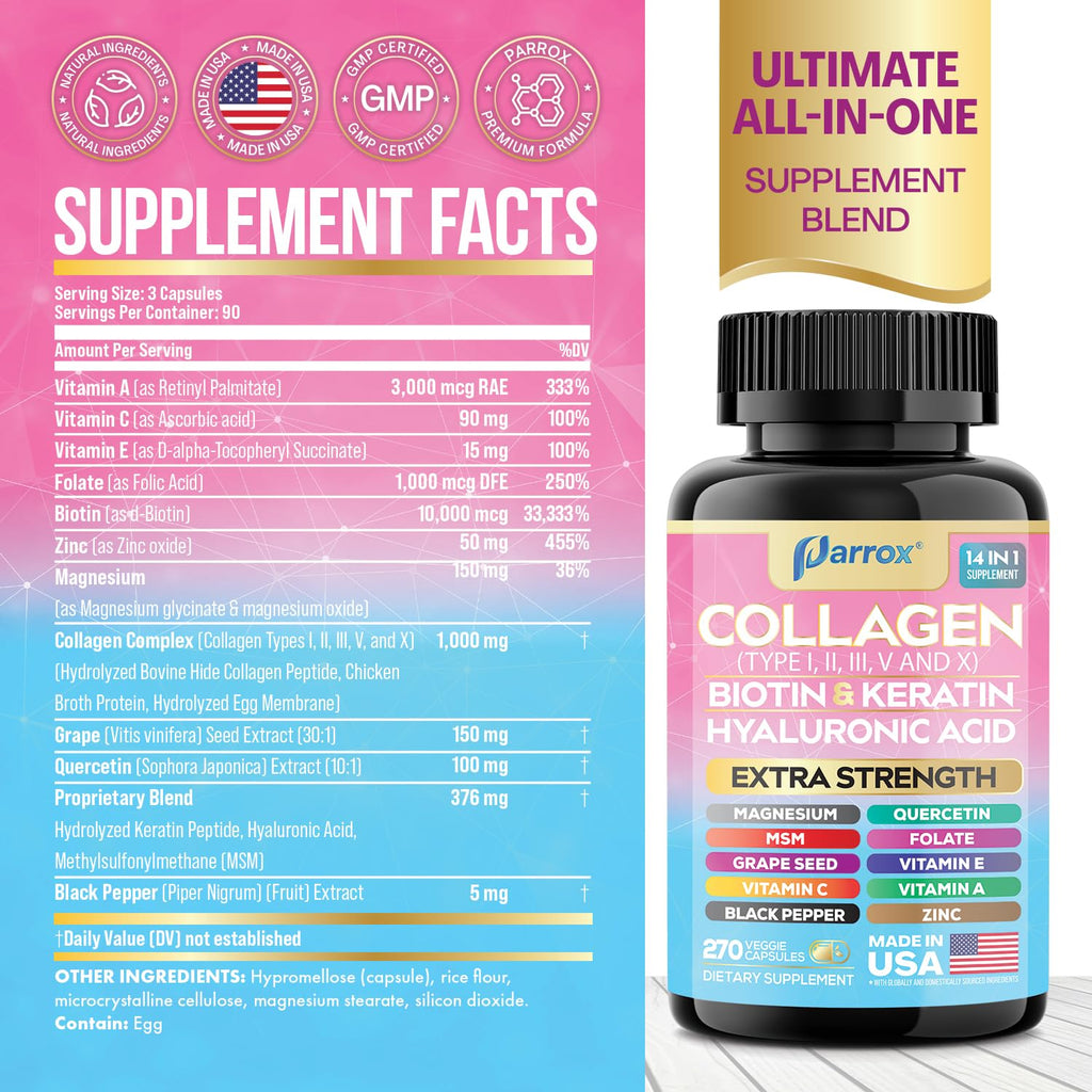 Collagen Peptides Types I, II, III, V & X, Biotin & Keratin, 270 Capsules | With Biotin, Keratin, Hyaluronic Acid, MSM, Zinc, Quercetin, Vitamins A, C, E, Magnesium & Folic Acida