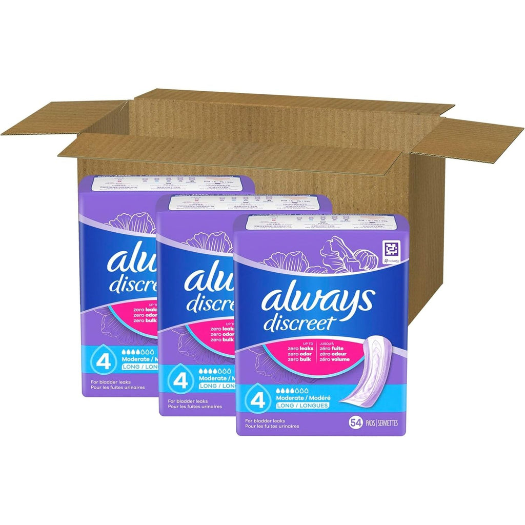 Buy now Always Discreet Adult Incontinence Pads for Women, Moderate Absorbency, Long Length, Postpartum Pads, 162 Count (3 Packs of 54) at indiglob india