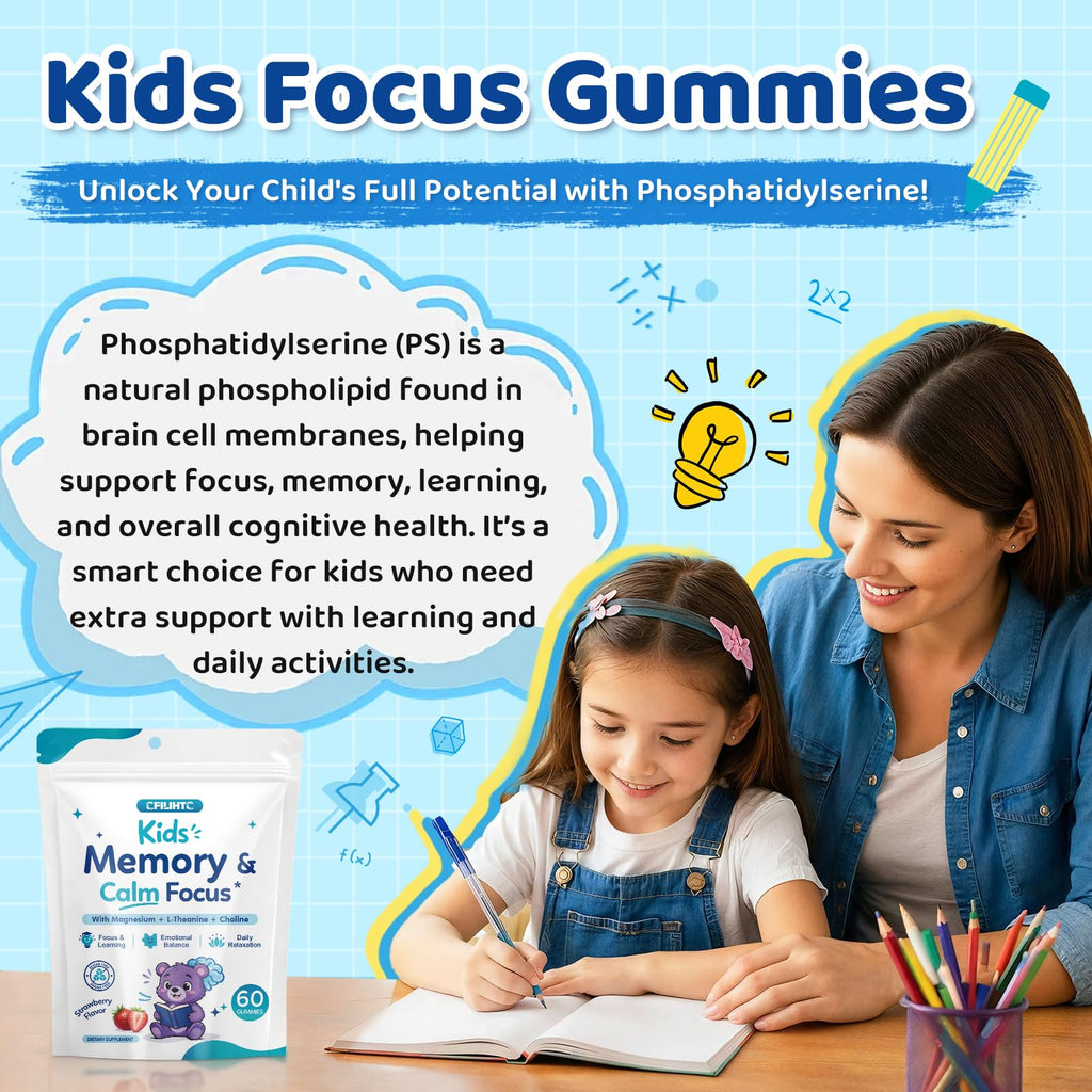 Kids Focus & Memory Gummies with Magnesium Glycinate, Phosphatidylserine & Choline - Support Brain, Attention & Focus for Kids, Learning & Cognitive Development – Sugar Free Strawberry 60 Gummies