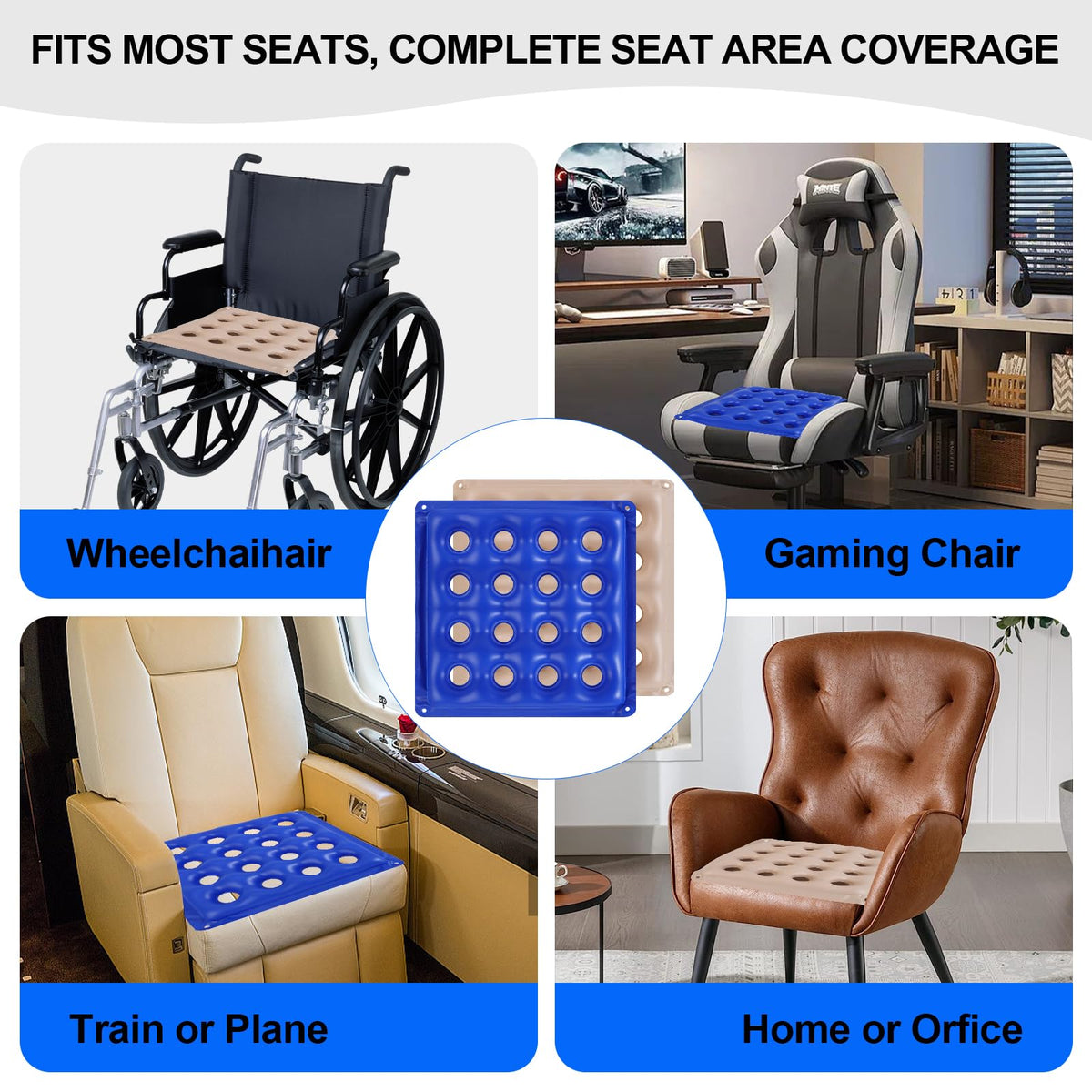 2-Pack Inflatable Seat Cushions, Pressure Relief Waffle Cushion, Ideal for Long Sitting, Office Chairs, Car Seats, Wheelchair Cushions, Comes with 2 Air Pumps, Portable and Comfortable