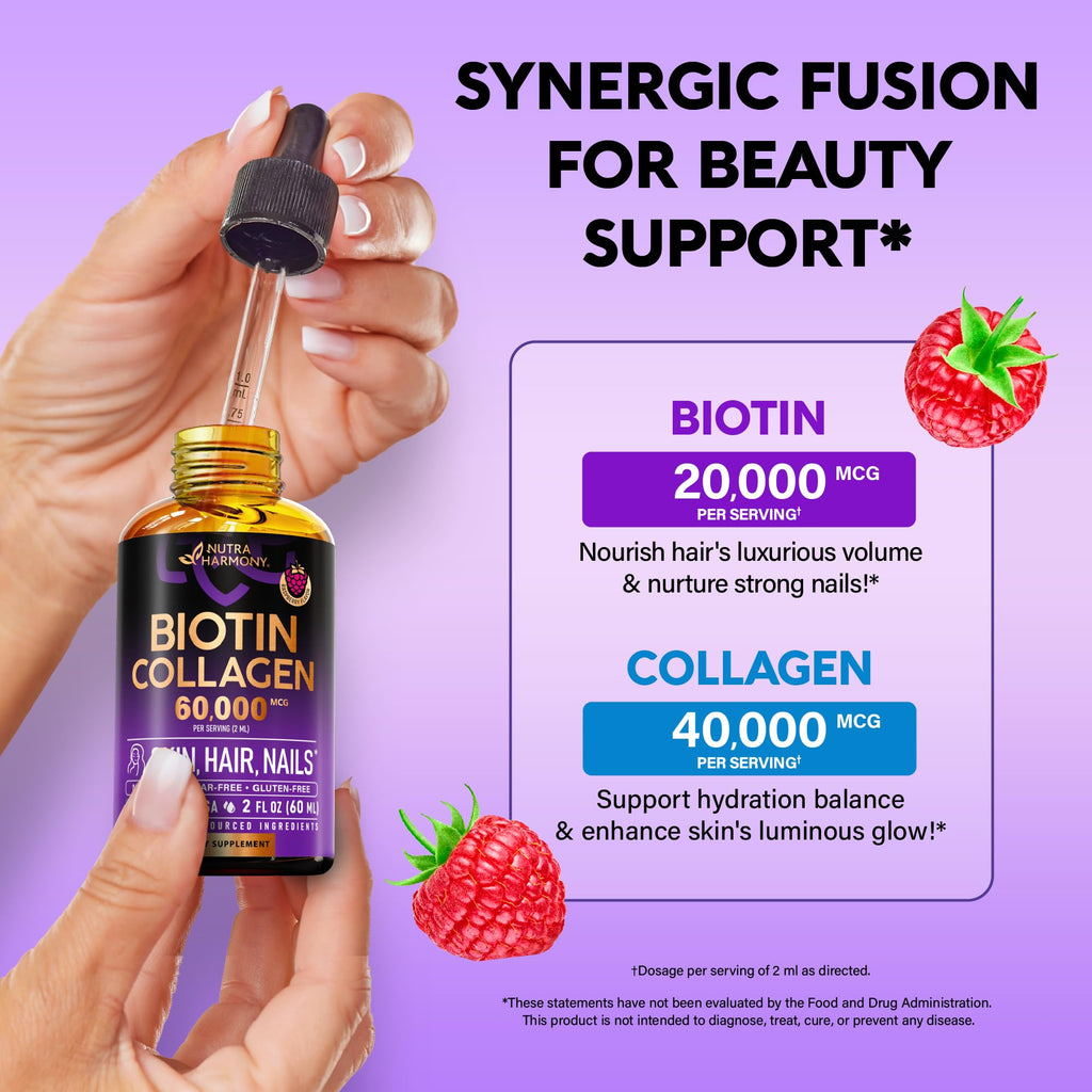 Liquid Biotin & Collagen 60,000mcg - Biotin for Hair Growth Support - 2 Oz | Liquid Collagen Supplement & Biotin - Extra Strength Drops for Women & Men - Strong Nails & Healthy Skin - Raspberry Flavor