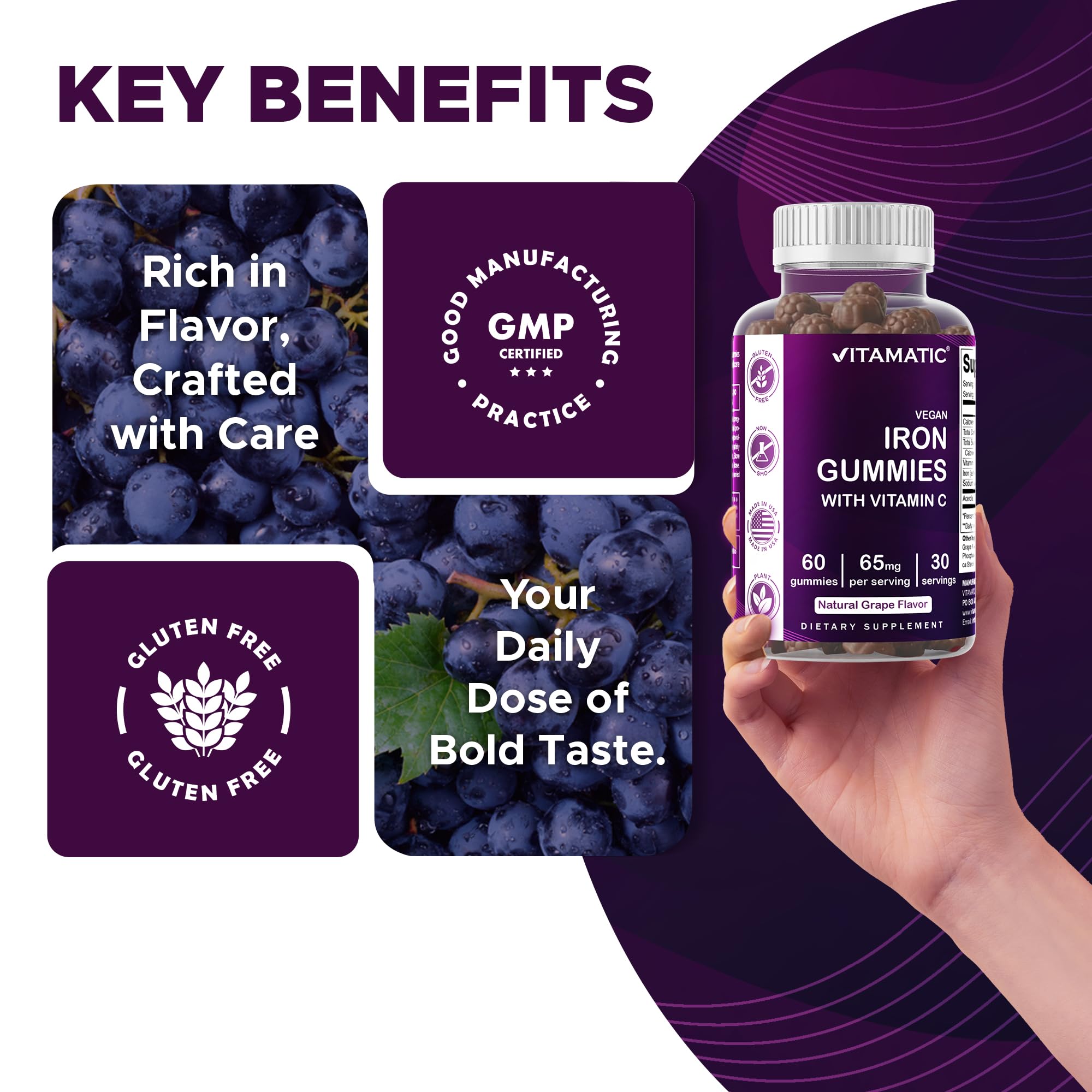 Vitamatic Iron 65 mg with Vitamin C - 60 Vegan Gummies - 3 Pack | 65 mg Iron Per Serving, Natural Grape Flavor, Plant Based, Gluten Free, Non-GMO, Made in USA