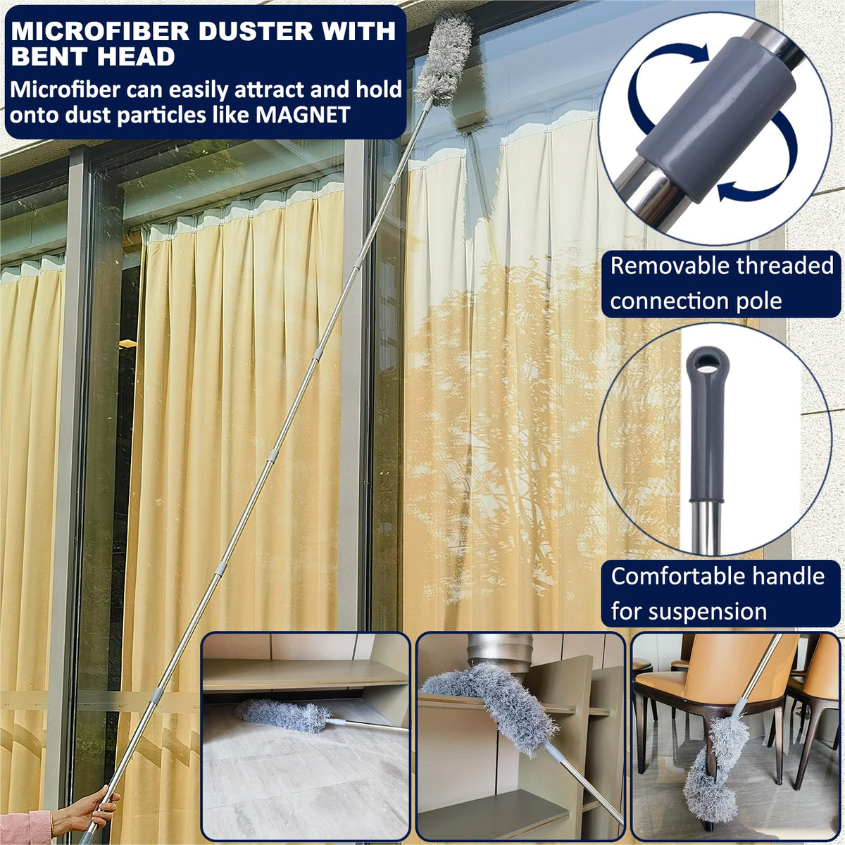 Tonmp 3 Pack 20+ Feet High Reach Grey Microfiber Feather Duster with 3-14 ft Spliceable Pole Cobweb Duster for Cleaning Fan, Spider Web, High Ceiling, Blinds, Furniture Cleaning Tool Kit, Gray
