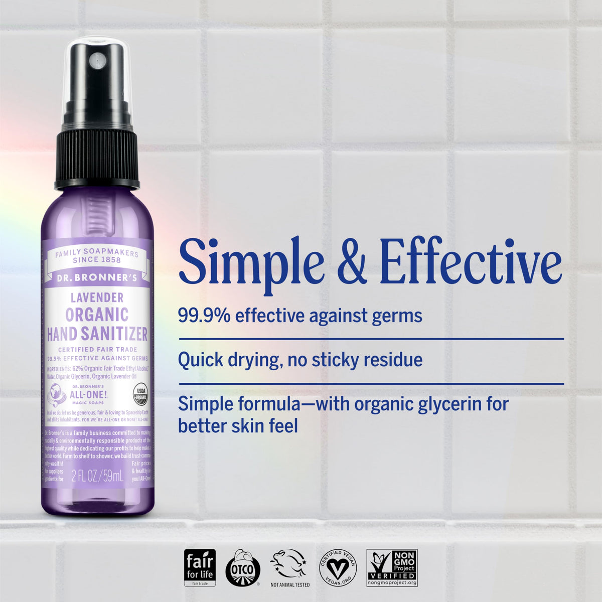 Dr. Bronner's - Organic Hand Sanitizer Spray (Lavender, 2 Ounce, 2-Pack) - Simple and Effective Formula, Cleanses & Sanitizes, No Harsh Chemicals, Moisturizes and Cleans Hands