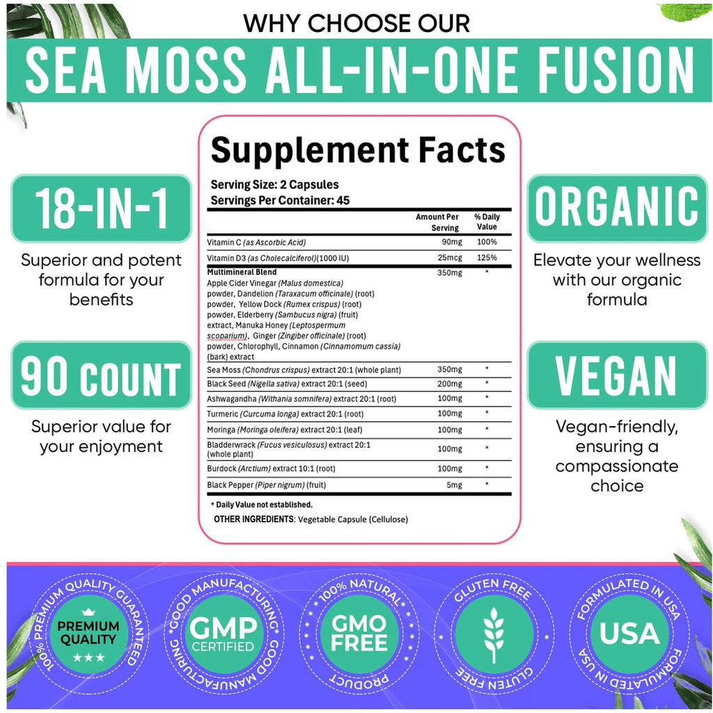 Adndale Sea Moss Capsules - Sea Moss Blend with Ashwagandha, Turmeric & Black Seed Oil - 90 Count