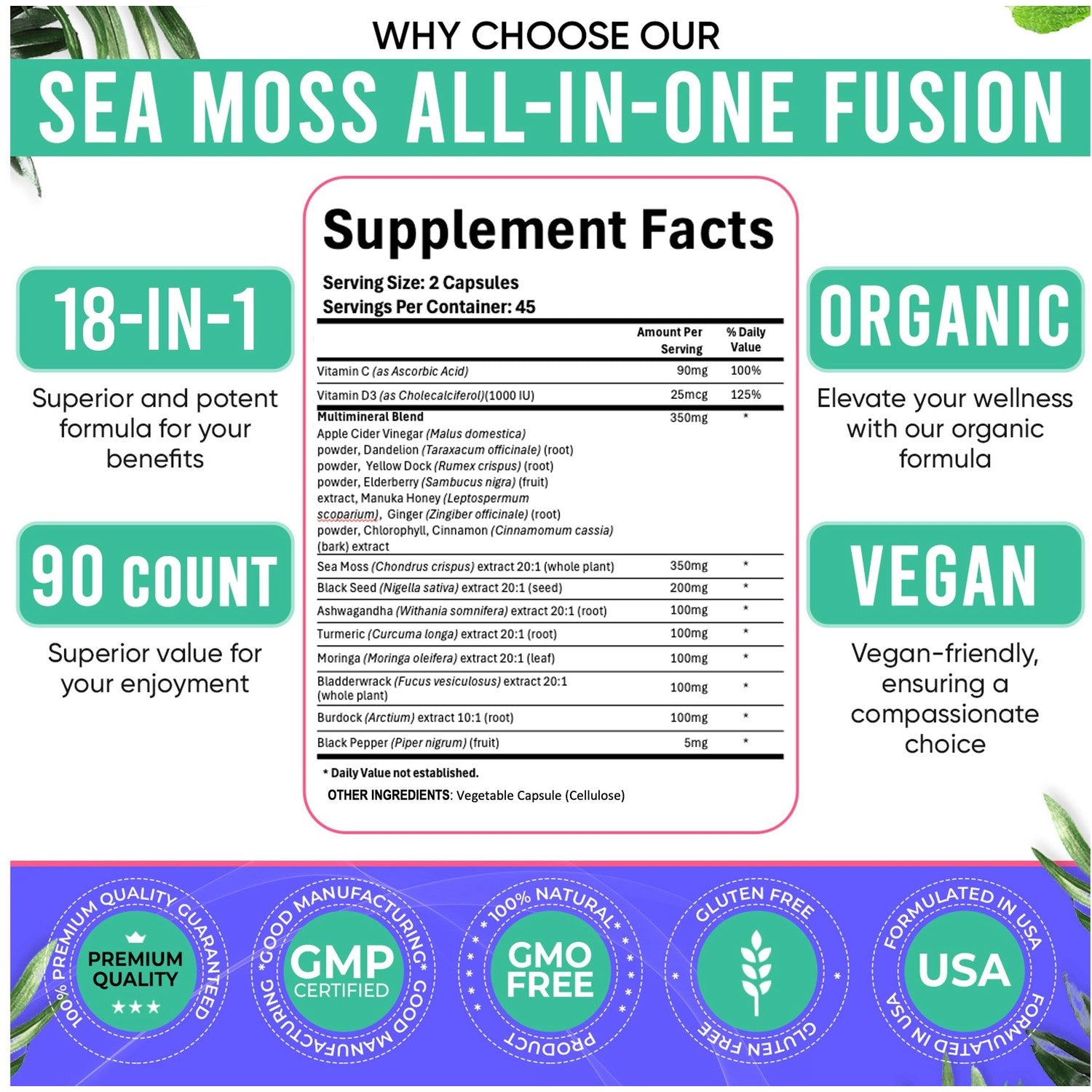 Adndale Sea Moss Capsules - Sea Moss Blend with Ashwagandha, Turmeric & Black Seed Oil - 90 Count