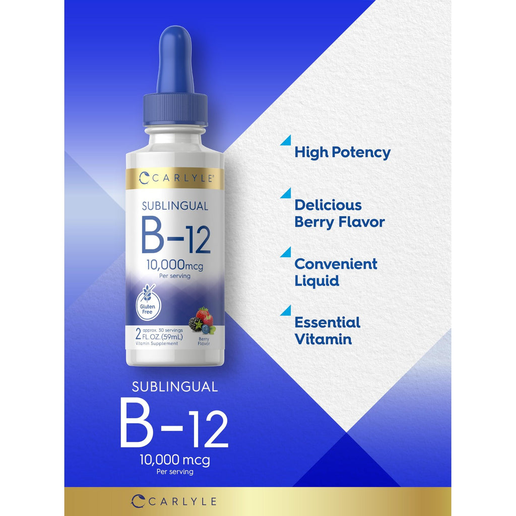 Carlyle Vitamin B12 Sublingual Liquid Drops | 10,000 mcg | 2 fl oz | As Cyanocobalamin and Methylcobalamin | Vegetarian, Non-GMO and Gluten Free