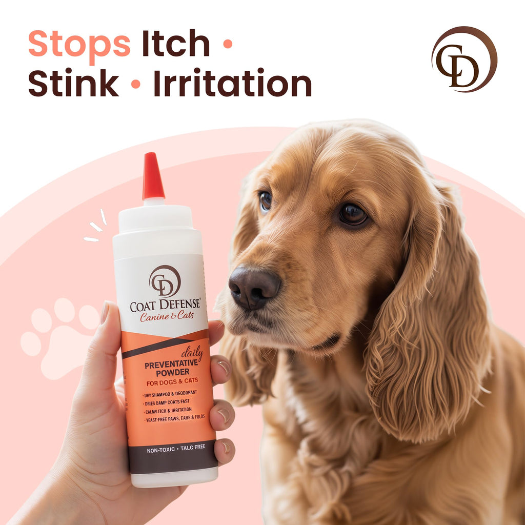 COAT DEFENSE Daily Preventative Powder | Made in USA | 9oz Precision Point Waterless Dog Shampoo & Pet Deodorizer for Smelly Dogs | Provides Anti Itch Relief | Dog Shampoo for Dry Itchy Skin