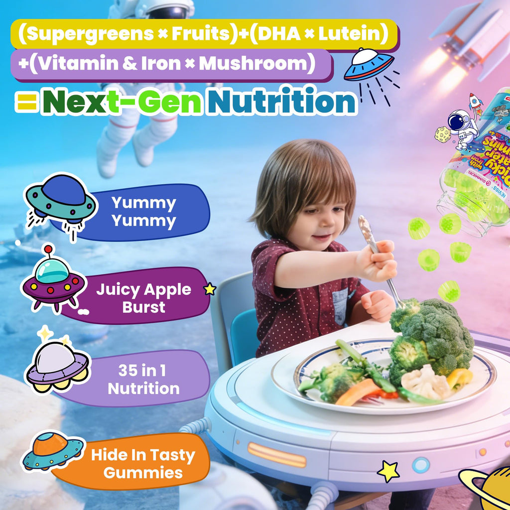Toddlers 2-3 & Kids 4+ Picky Eater Vitamins with Iron, for Minors Aged 2-17, Children Teens Multiviamin Supergreen Filled Gummies, Methylated B6, B9,B12, Fruits + Veggies + Mushroom, Sugar Free