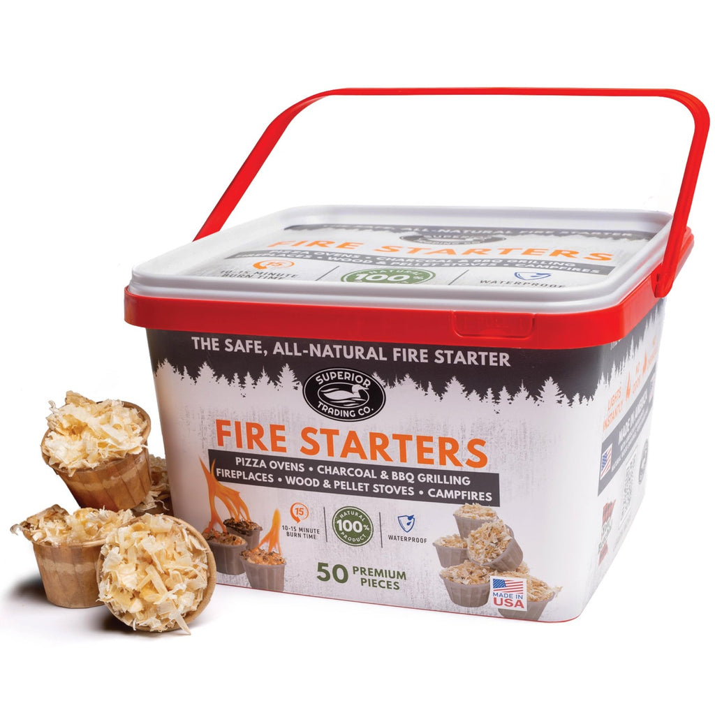 Superior Trading Fire Starter Pods in Plastic Bucket - Fire Starters for Campfires, BBQ, Grill, Pit, Wood Stove & Charcoal Starter, 15-20-Min Burn, 50 Extra Large Pods, USA Made, Brown, 3 Lbs