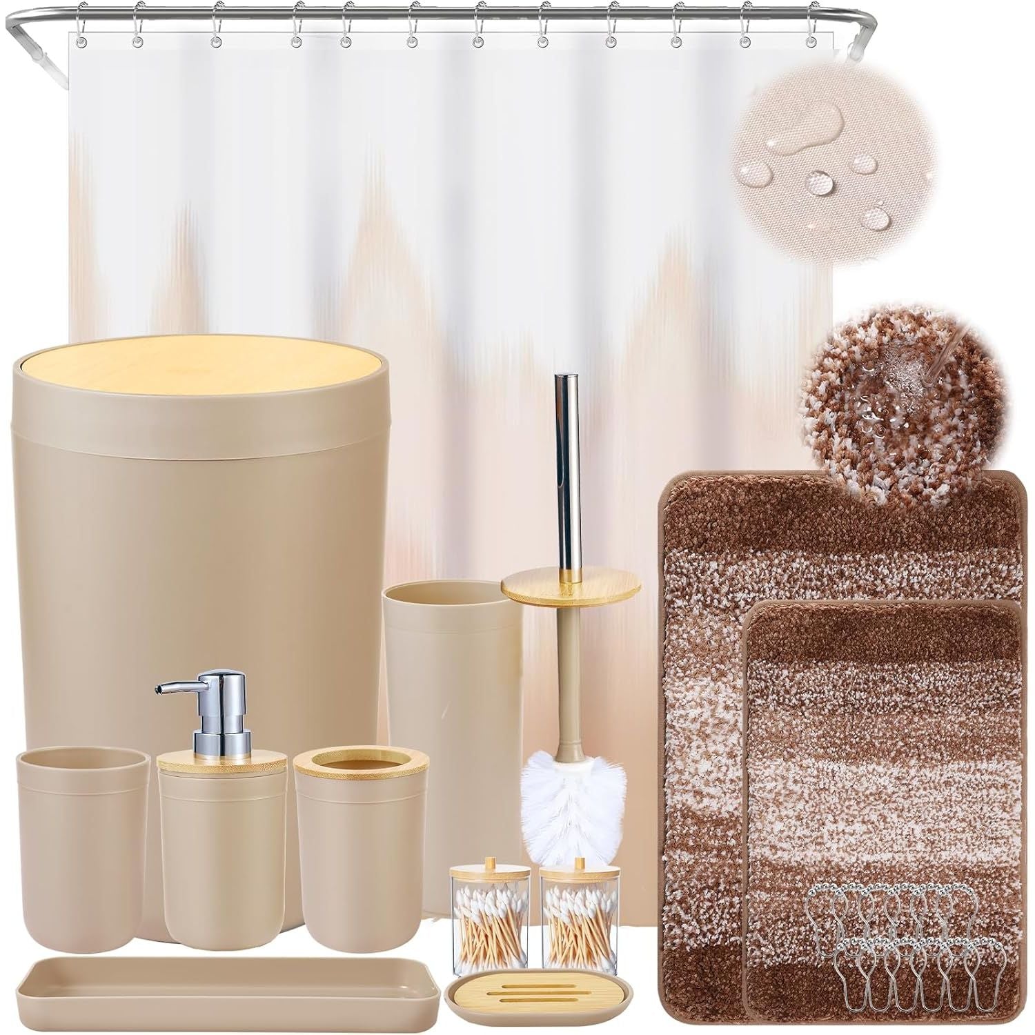 Buy now iMucci 9Pcs Black Bathroom Accessories Set with Trash Can Bathroom Set Black Bathroom Accessories Bathroom Decor Bath Set+Shower Curtain+Bath Rug Beige at indiglob india