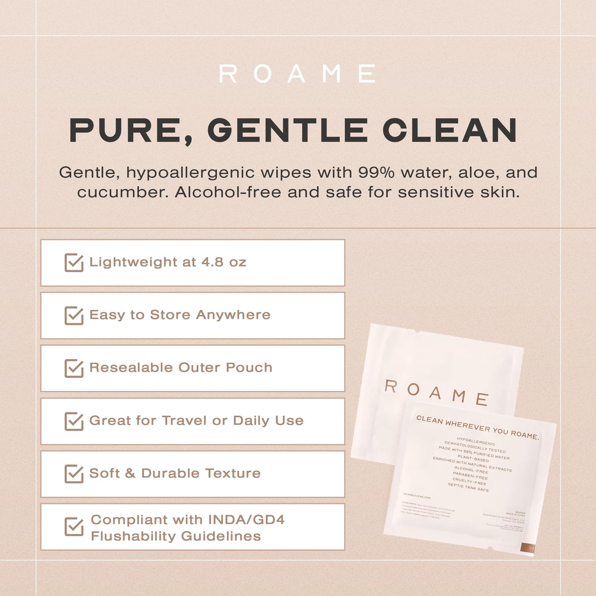 ROAME Flushable Wet Wipes, Septic Safe, Unscented Hypoallergenic, 30 Count