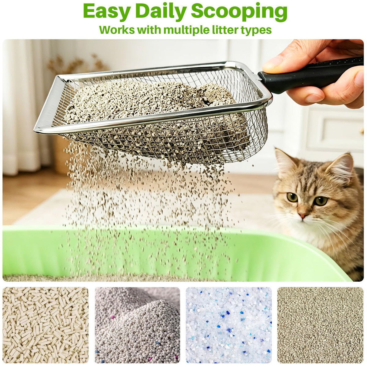 2 Pack Cat Litter Scoop with 3.8mm & 5mm Mesh – Stainless Steel Kitten Litter Scoop with 2 Adhesive Hooks, Metal Cat Poop Scooper for All Litter Types, Efficient Sifting & Easy Cleaning for Litter Box