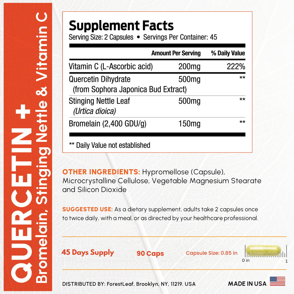 ForestLeaf Quercetin with Bromelain Supplement, 500mg Capsules, 90 Ct | 1350mg Quercetin Complex with Vitamin C, Stinging Nettle for Seasonal Wellness, Non-GMO, Gluten-Free, Vegetarian, Made in USA