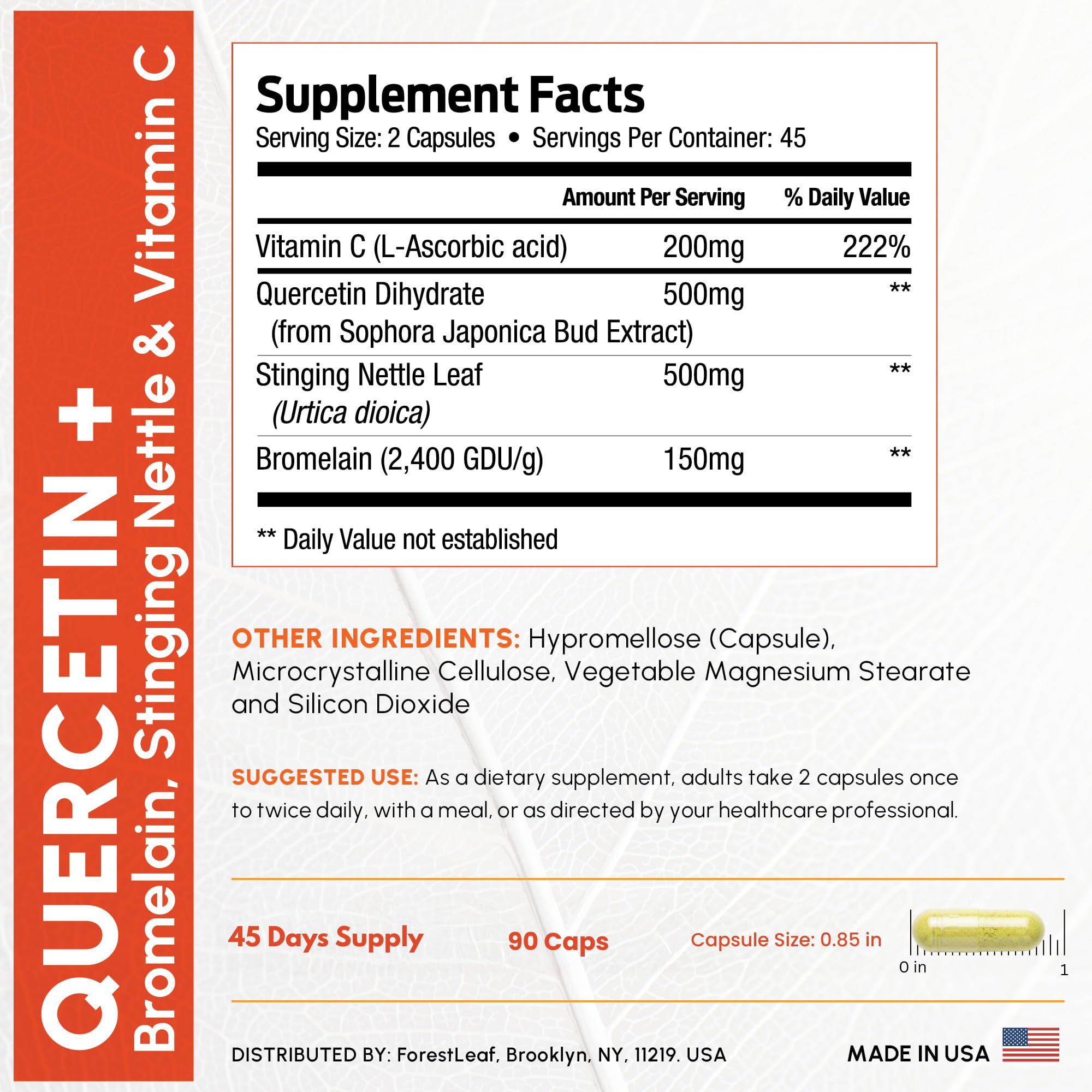 ForestLeaf Quercetin with Bromelain Supplement, 500mg Capsules, 90 Ct | 1350mg Quercetin Complex with Vitamin C, Stinging Nettle for Seasonal Wellness, Non-GMO, Gluten-Free, Vegetarian, Made in USA