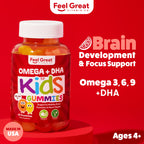 Feel Great Kids Omega 3 DHA Gummies, Plant-Based, No Fishy Taste, 60ct | Plant-Based DHA from Algae, Omega 3-6-9, Brain & Vision Support, Vegetarian, No Fishy Aftertaste