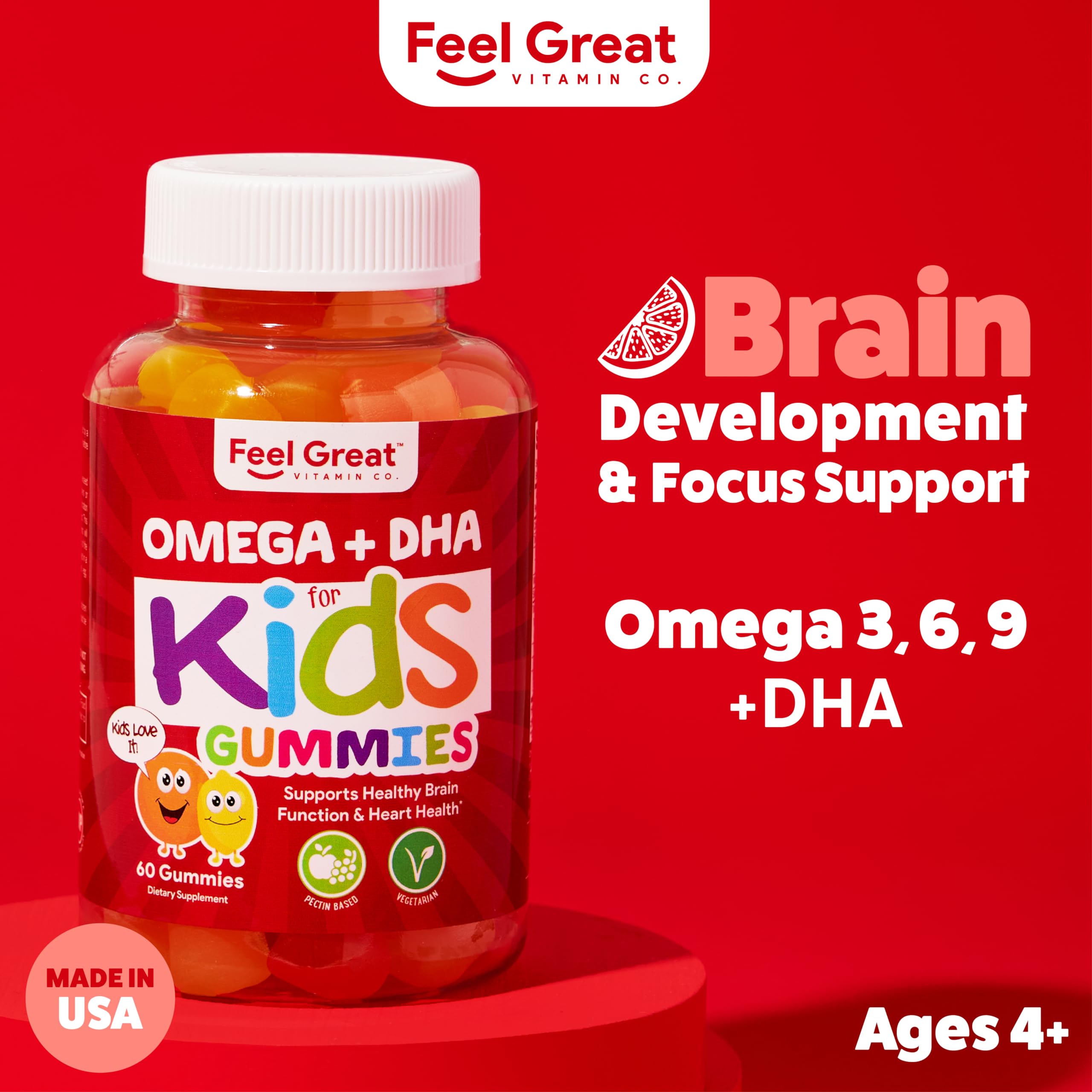 Feel Great Kids Omega 3 DHA Gummies, Plant-Based, No Fishy Taste, 60ct | Plant-Based DHA from Algae, Omega 3-6-9, Brain & Vision Support, Vegetarian, No Fishy Aftertaste