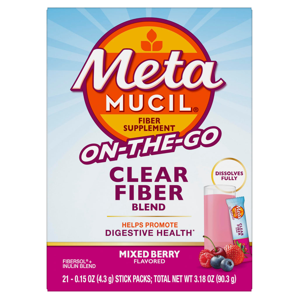 Metamucil Fiber Supplement, Clear Mixing Fiber Powder Stick Packs, Mixed Berry Flavor, On the go, Plant Based Prebiotic Fiber Supplement Blend for Daily Digestive Health, 21 Stick Packs