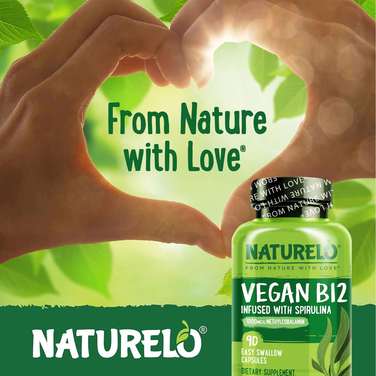 NATURELO Vegan B12 - Methylcobalamin, 90 Capsules | Organic Spirulina, Methyl B12 1000 mcg, Supports Healthy Mood, Energy, Heart & Eye Health, Vitamin B12 1000 mcg