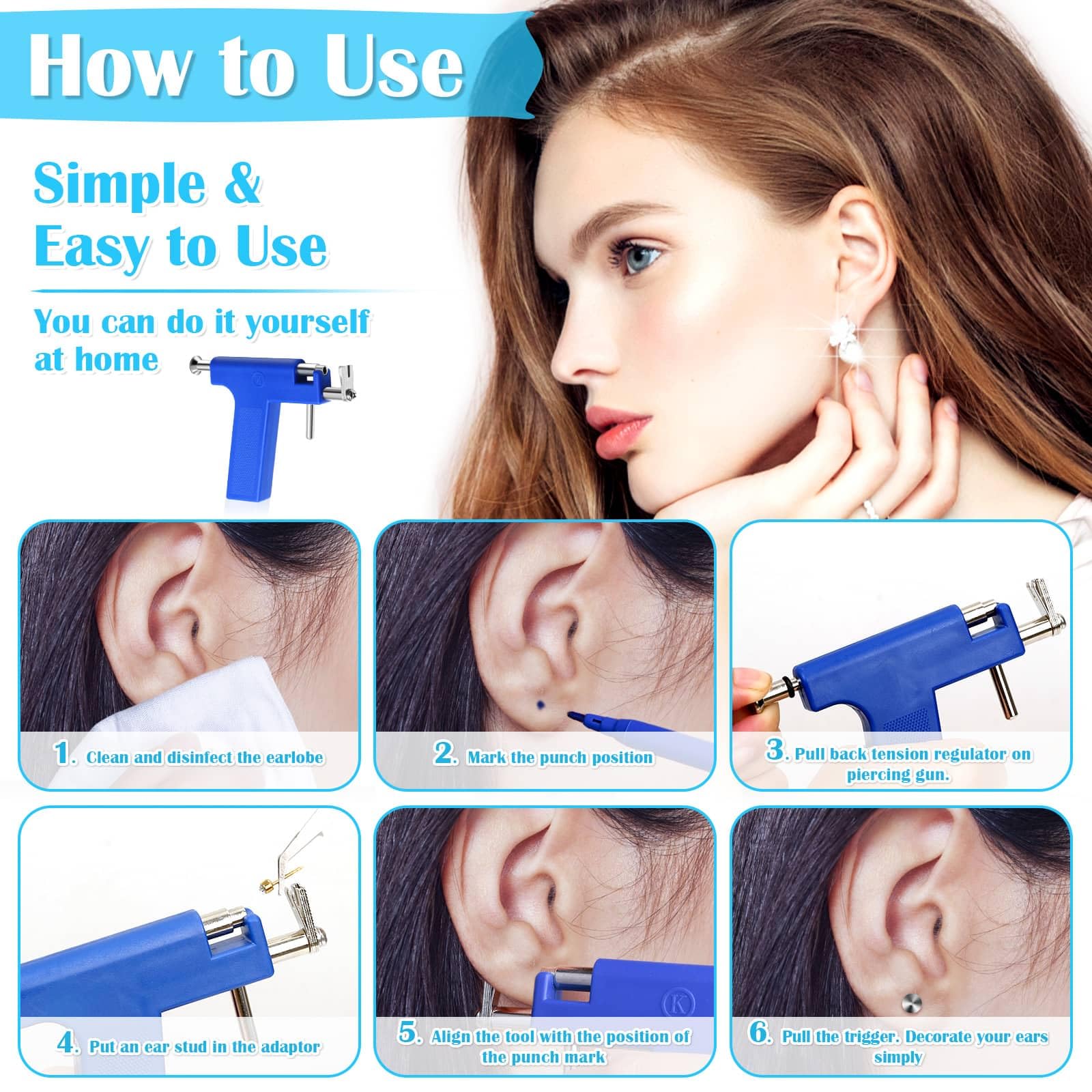 Ear Piercing Gun with Piercing Tools Kit, Professional Ear Nose Piercing Gun Machine with Stainless Steel Piercing Studs, Crystal Earrings Set for At Home Salon Earlobe Cartilage Helix Tragus Piercing