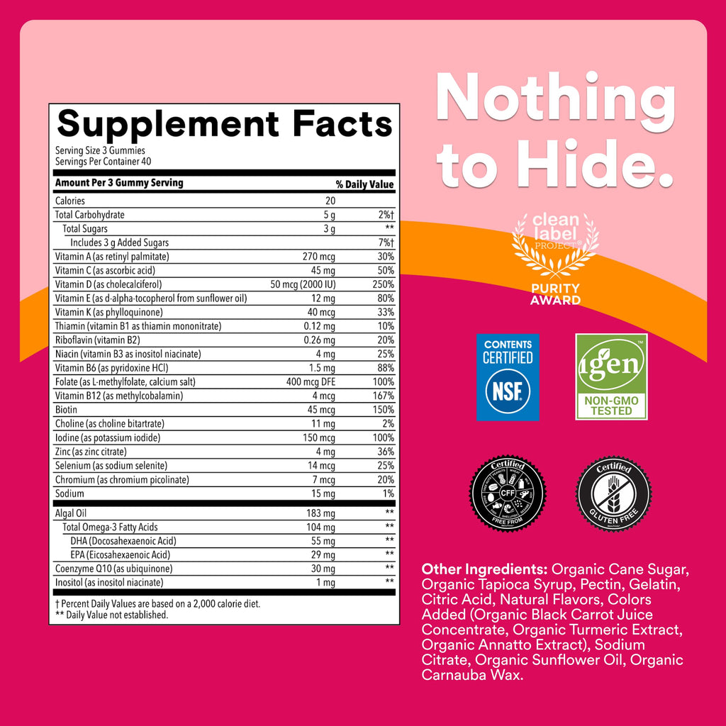 SmartyPants Women's Multivitamin Gummies, Omega 3 (DHA/EPA), Methylfolate, CoQ10, Vitamin D3, C, Vitamin B12, B6, A, K & Zinc, Inositol, Gluten Free, 120 Count (40 Day Supply)