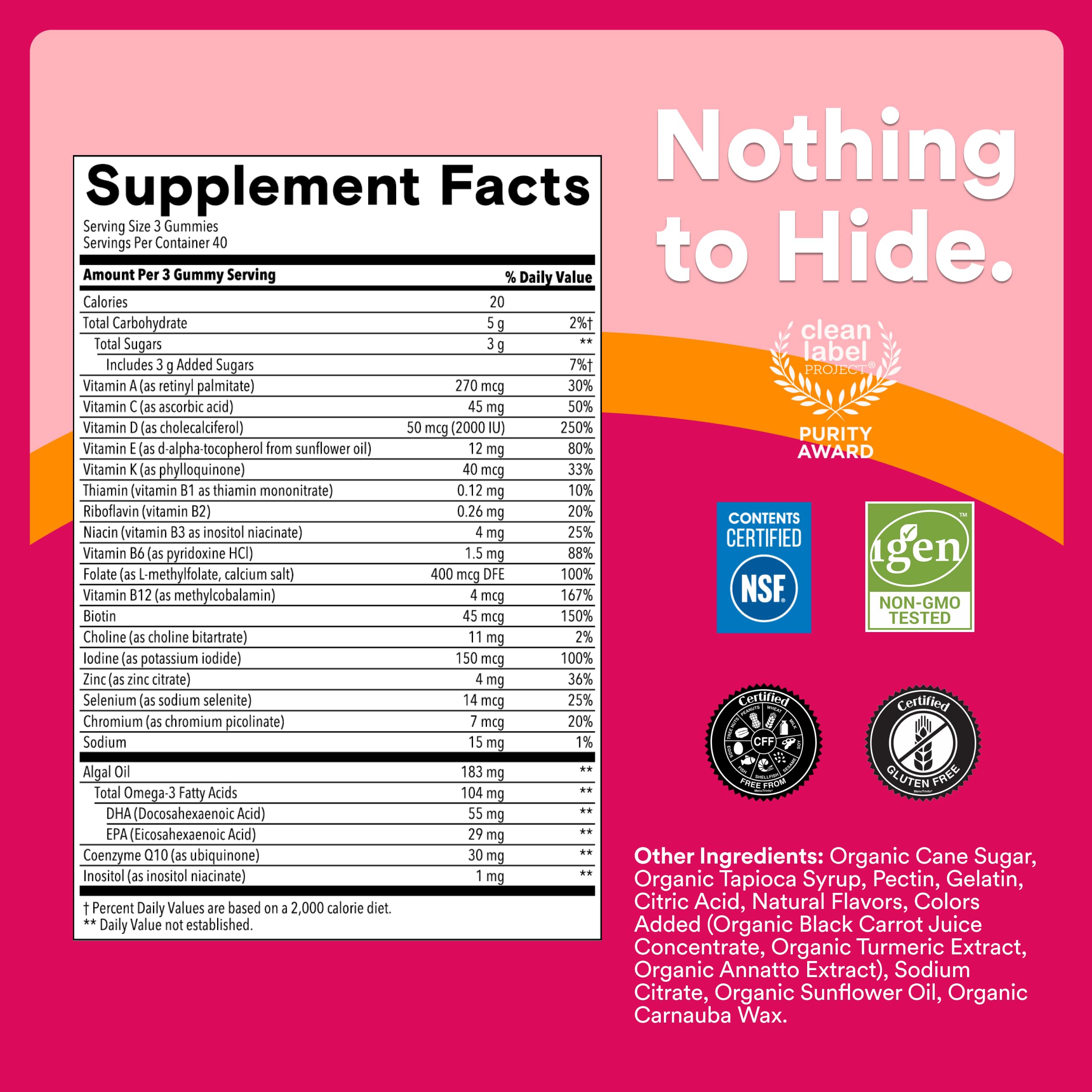 SmartyPants Women's Multivitamin Gummies, Omega 3 (DHA/EPA), Methylfolate, CoQ10, Vitamin D3, C, Vitamin B12, B6, A, K & Zinc, Inositol, Gluten Free, 120 Count (40 Day Supply)